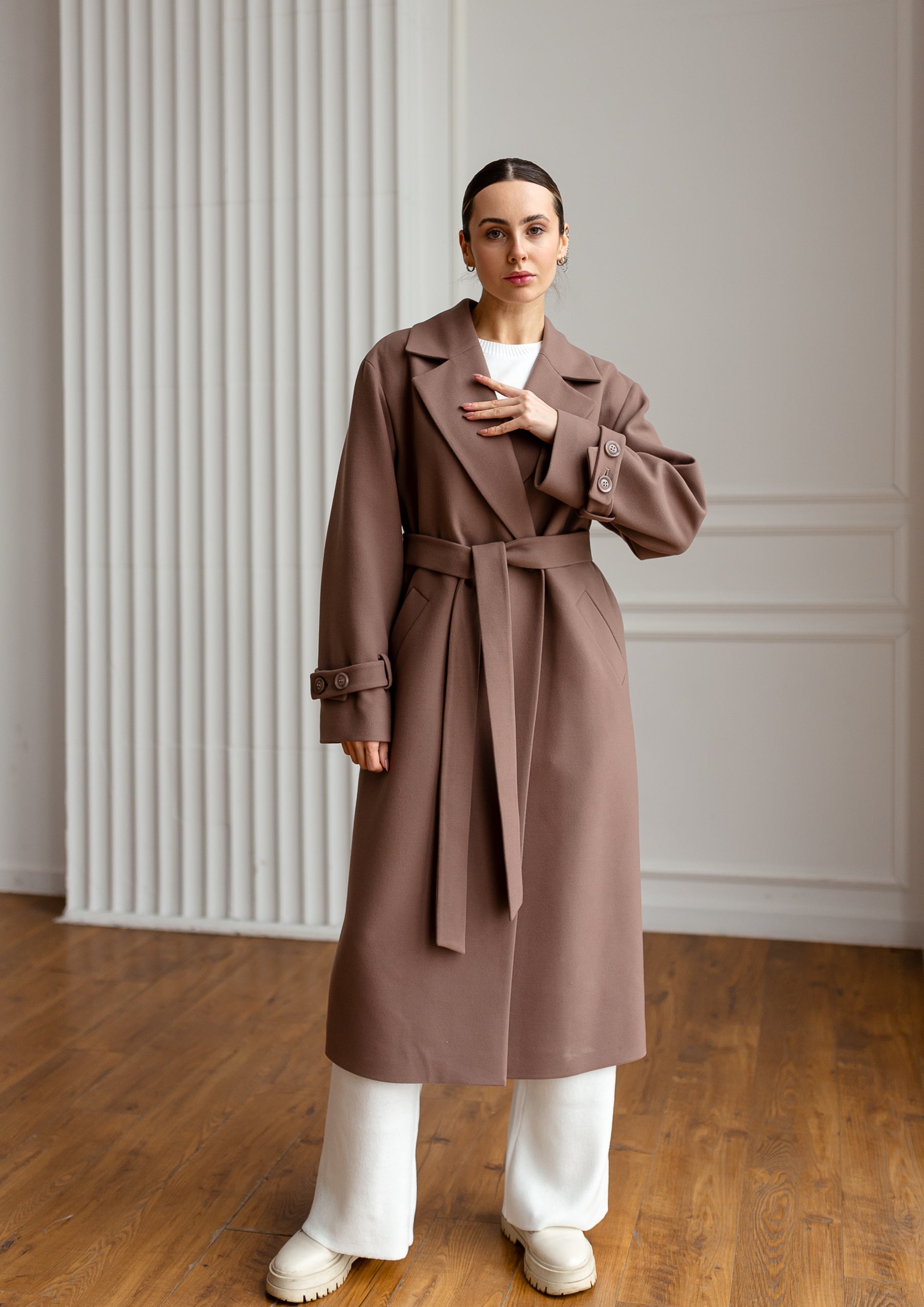 Long Cashmere Blend Coat with Belt Brown