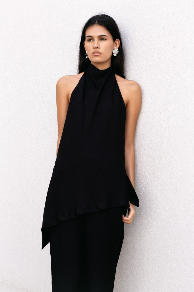 Ivory Halter Neck Asymmetric Top Black