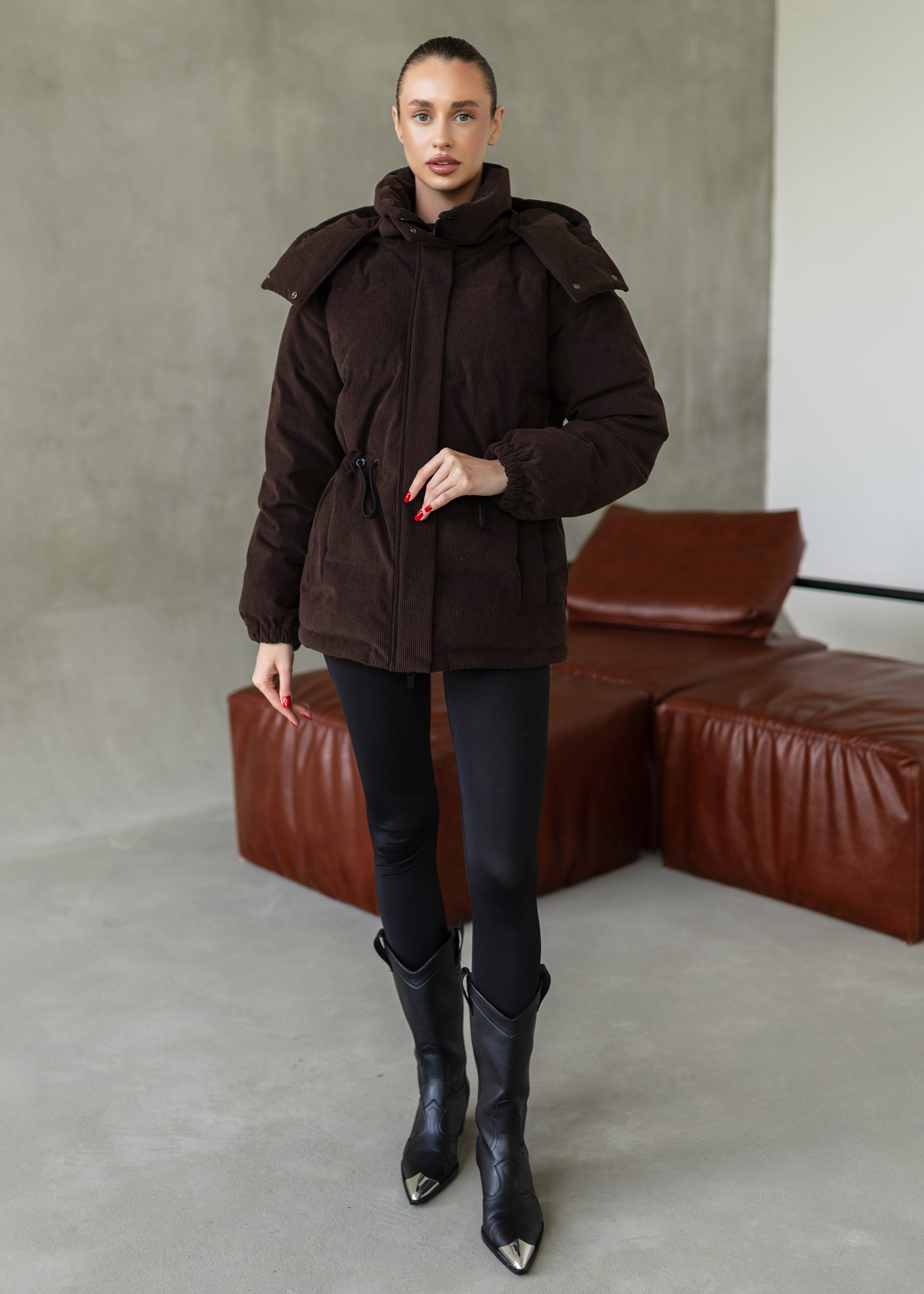Stylish Down Jacket Removable hood Chocolate