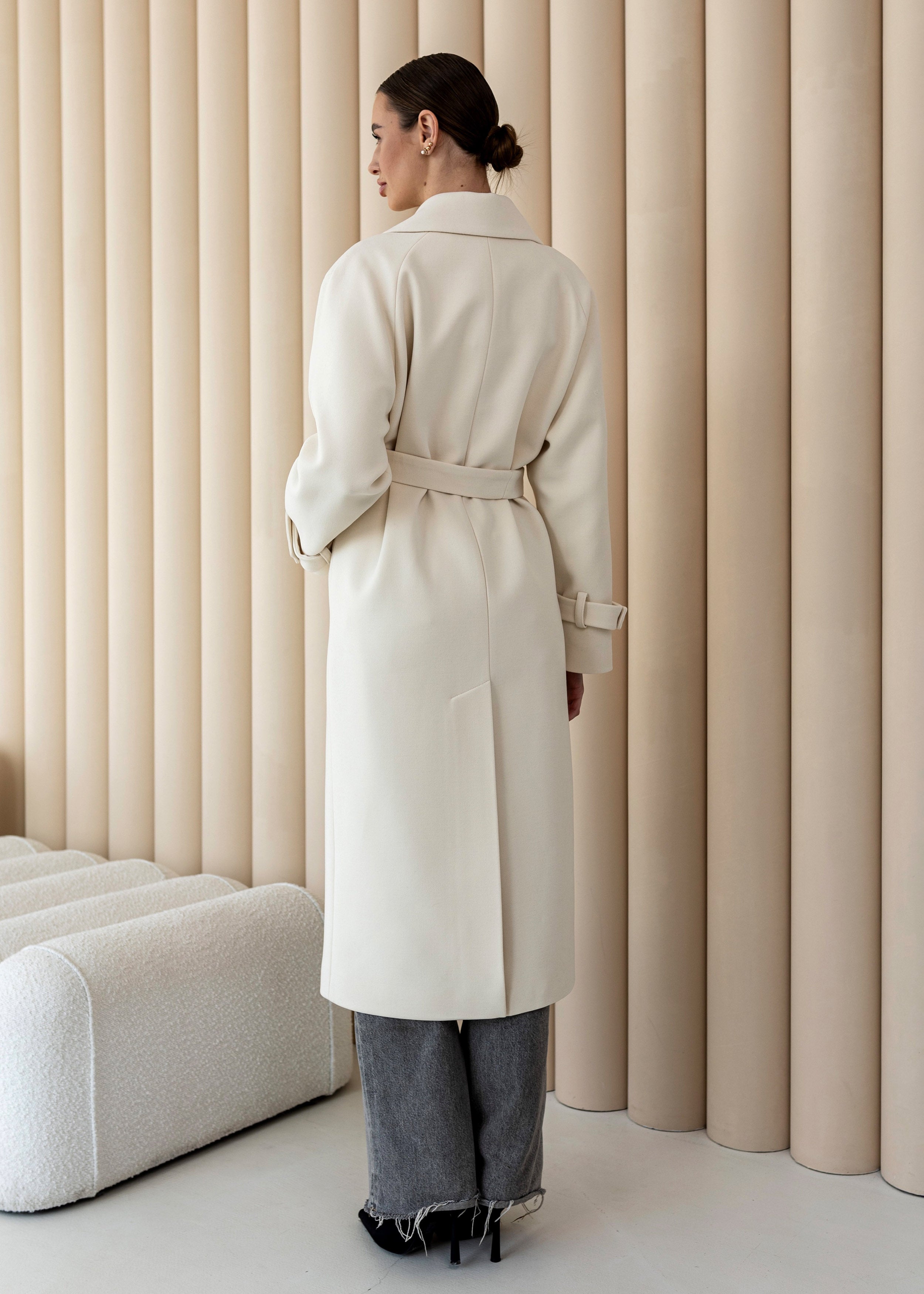 Long Cashmere Blend Coat with Belt Beige