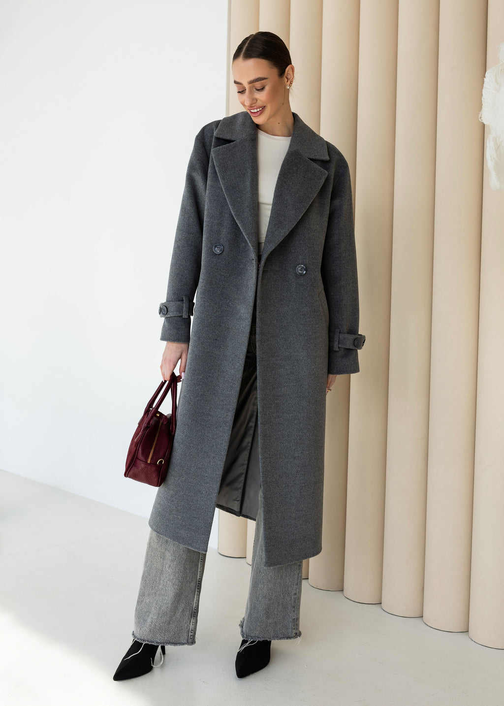 Long Cashmere Blend Coat with Belt Dark grey/black