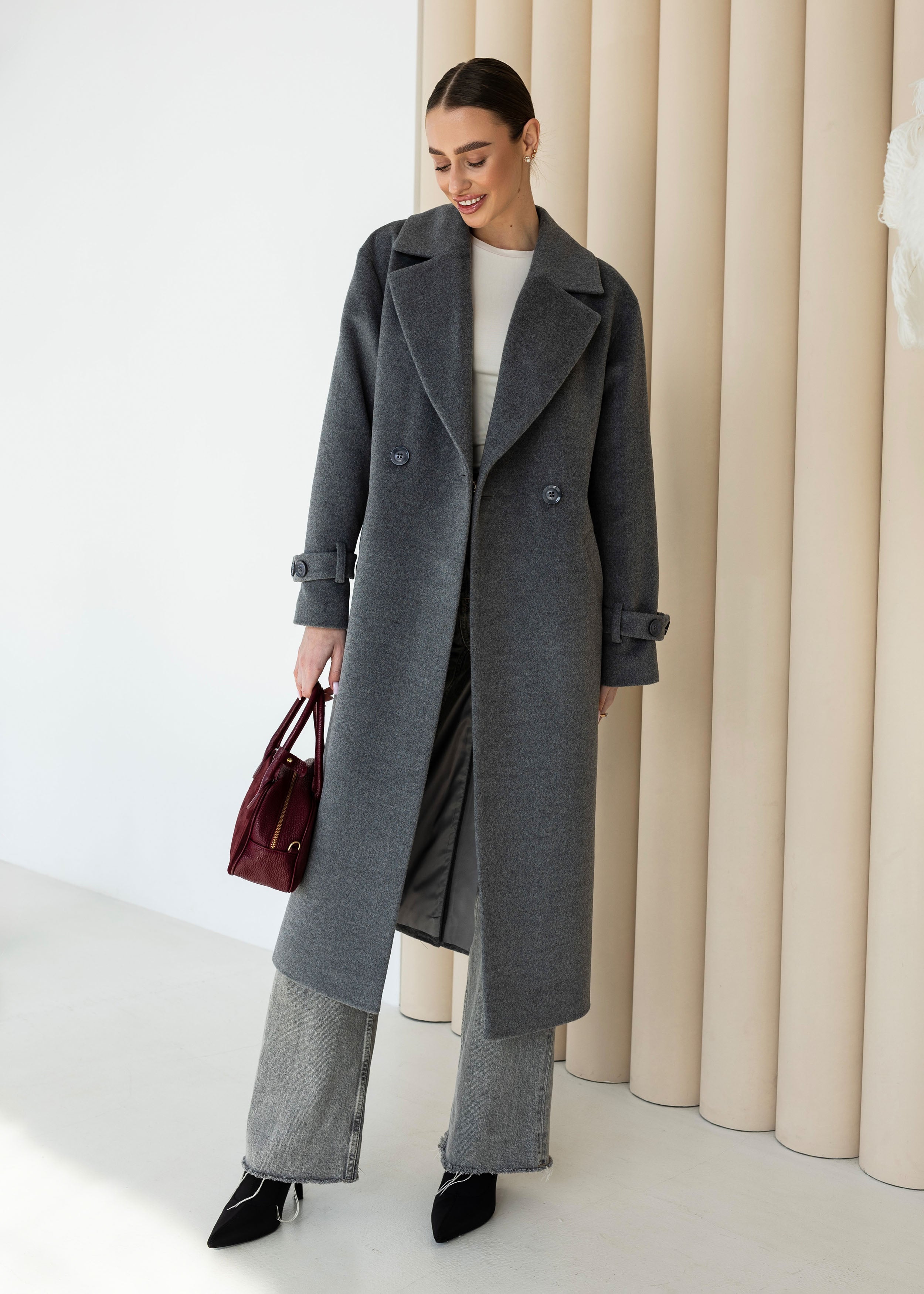 Long Cashmere Blend Coat with Belt Dark grey/black