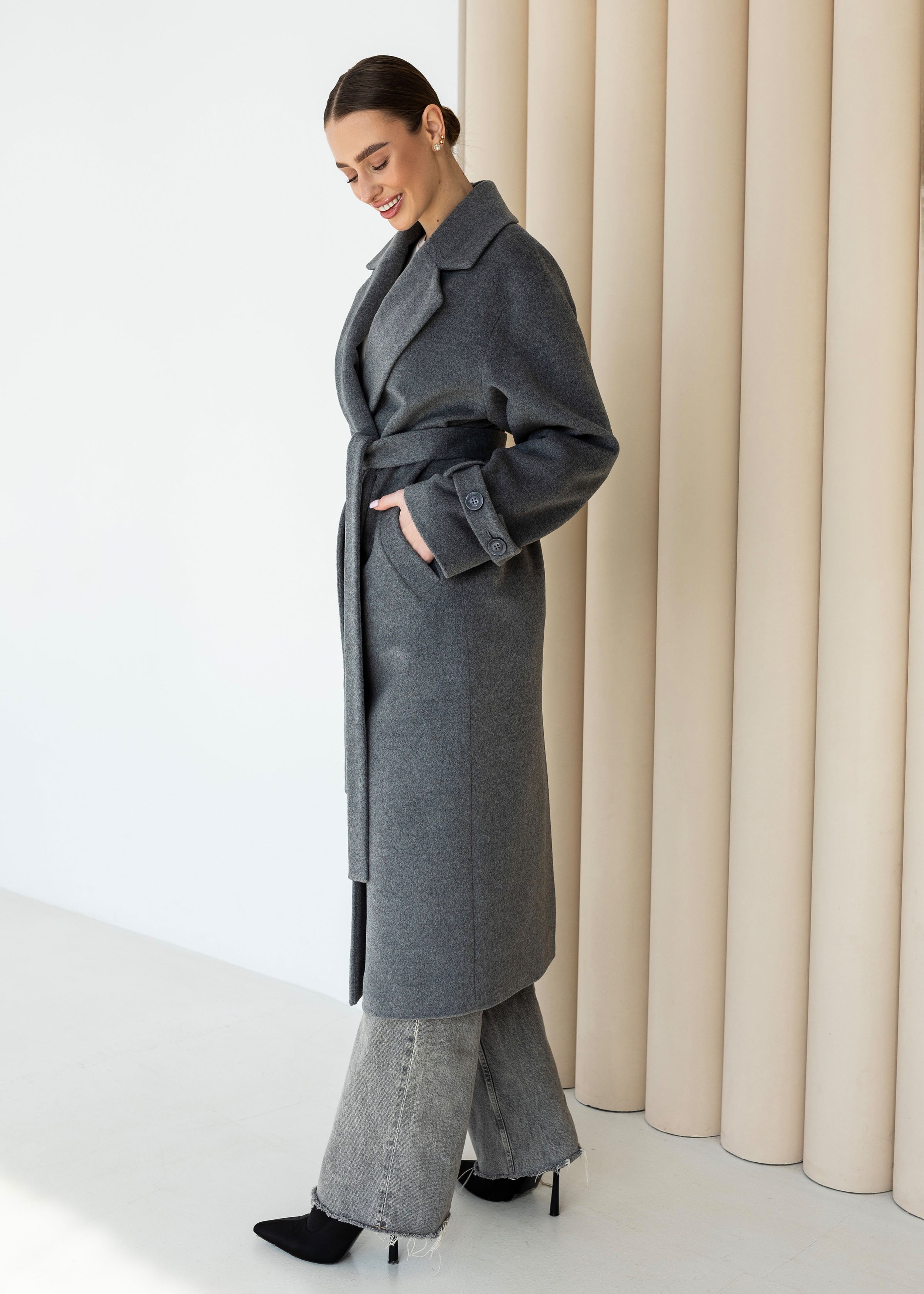 Long Cashmere Blend Coat with Belt Dark grey/black