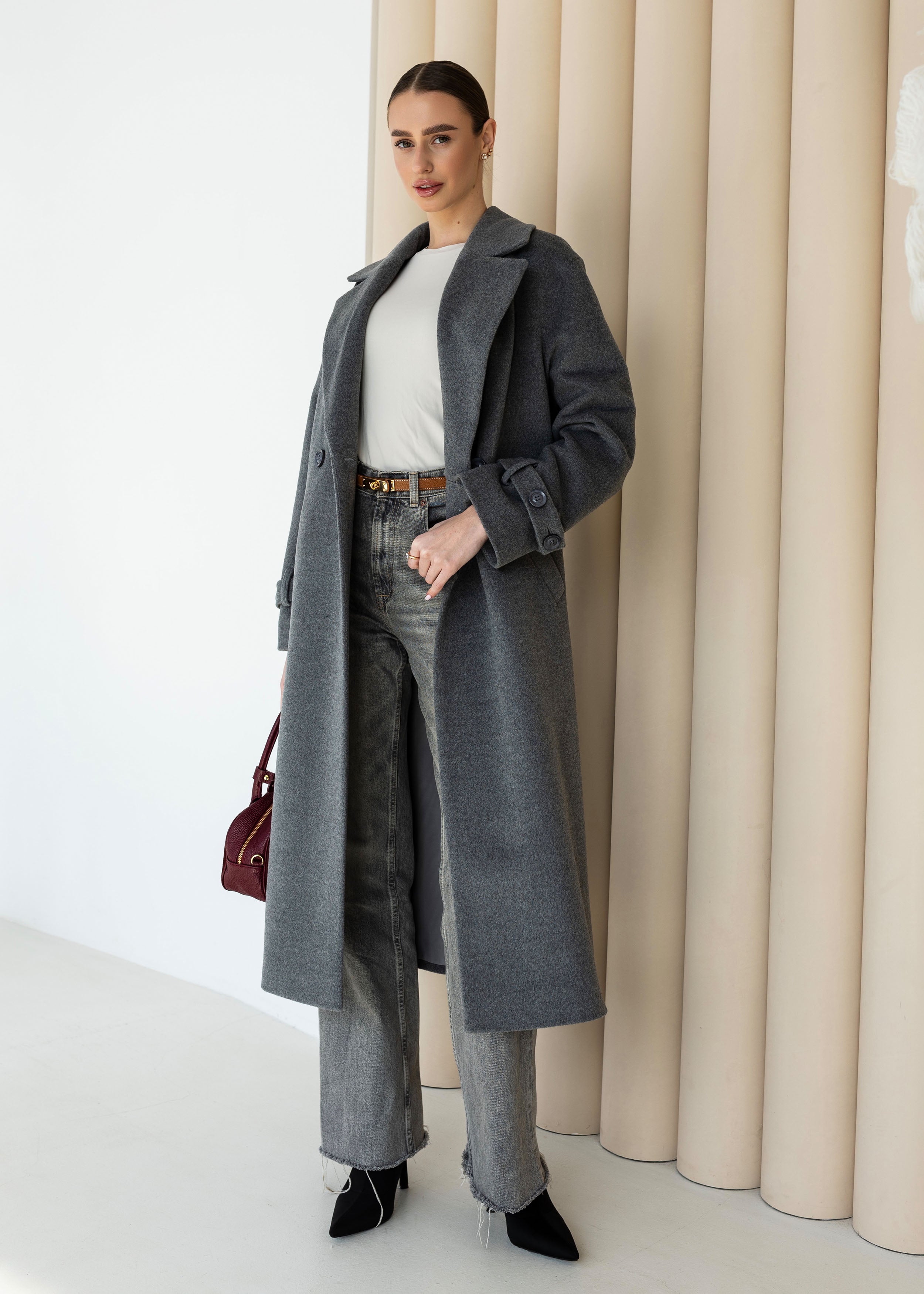 Long Cashmere Blend Coat with Belt Dark grey/black