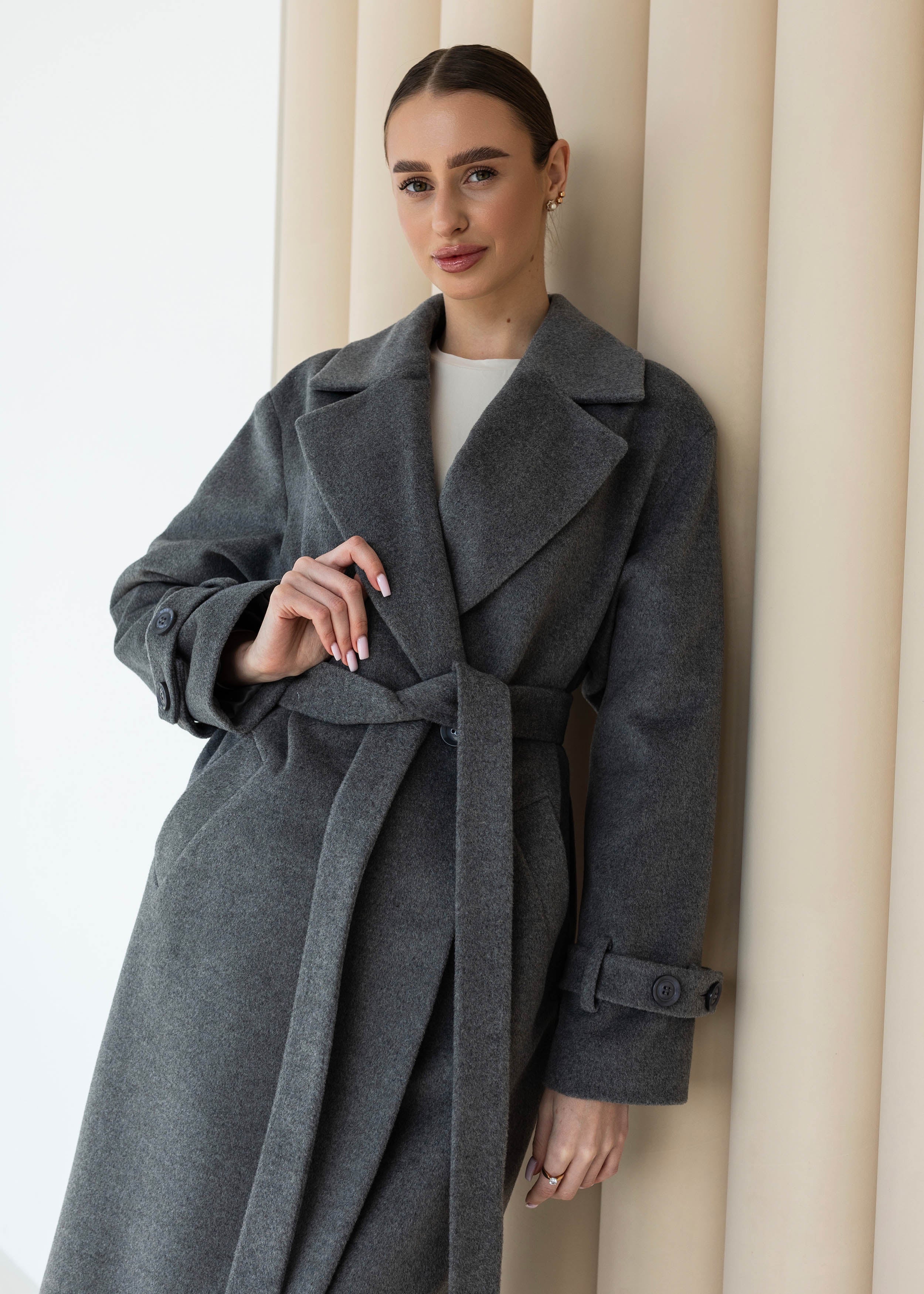 Long Cashmere Blend Coat with Belt Dark grey/black