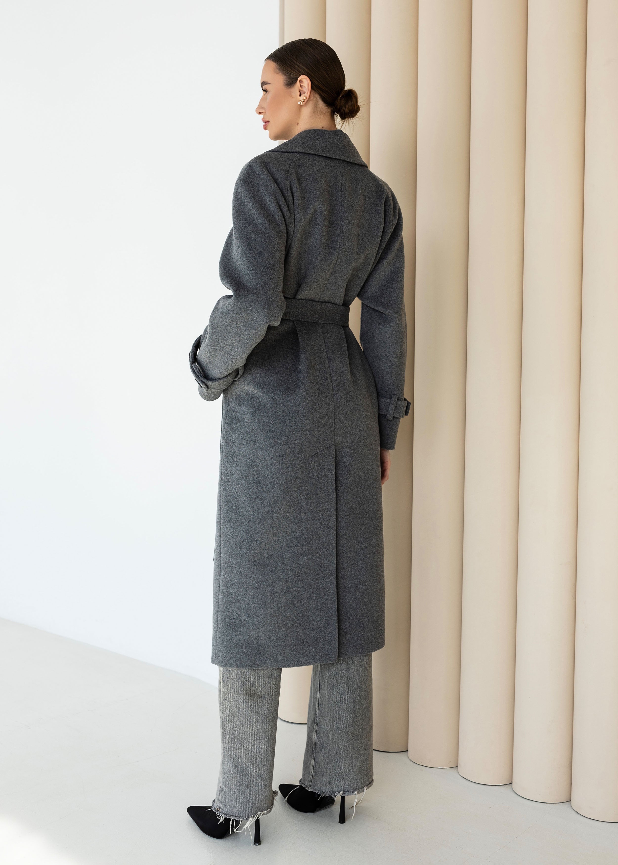 Long Cashmere Blend Coat with Belt Dark grey/black