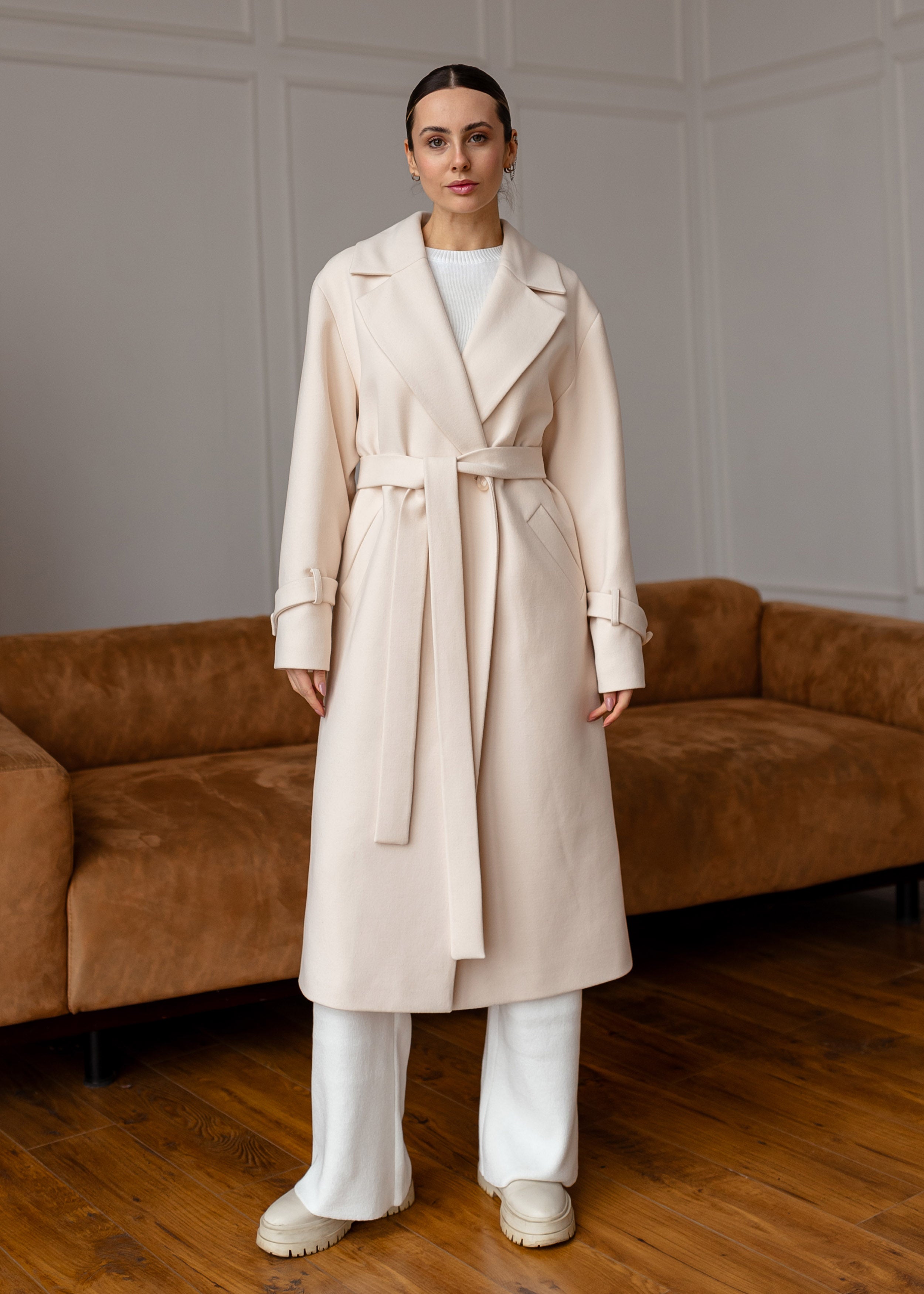 Long Cashmere Blend Coat with Belt Beige