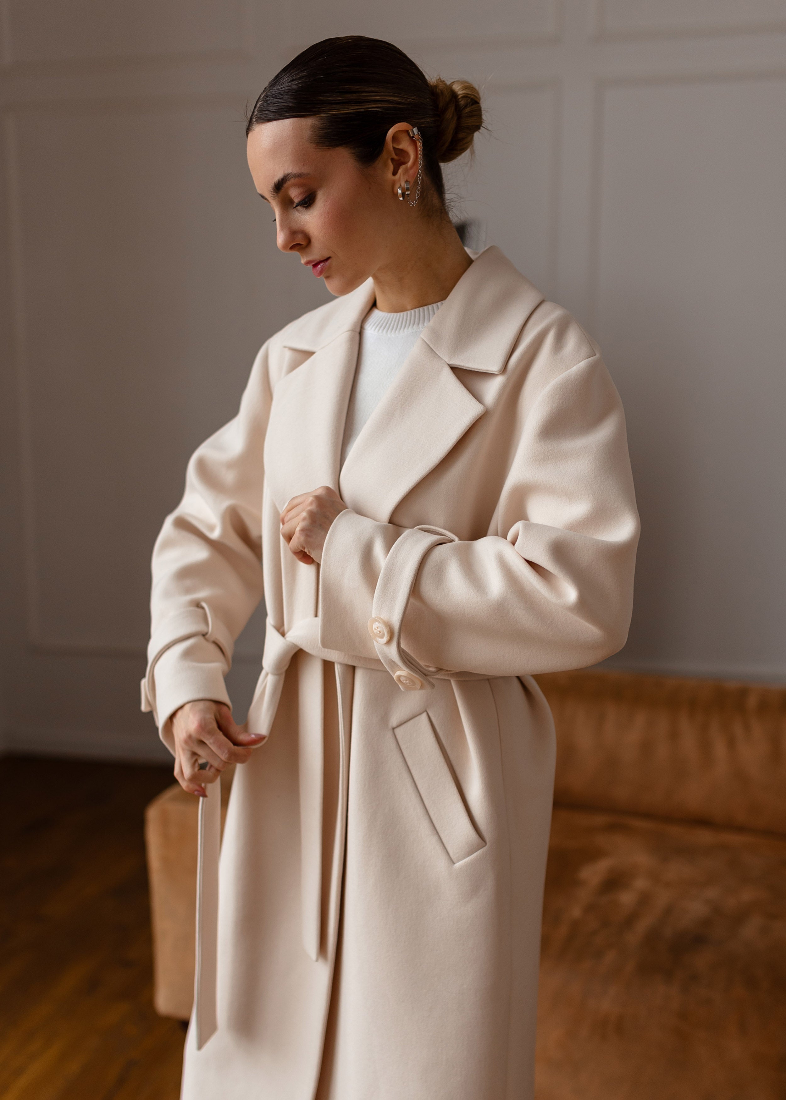 Long Cashmere Blend Coat with Belt Beige