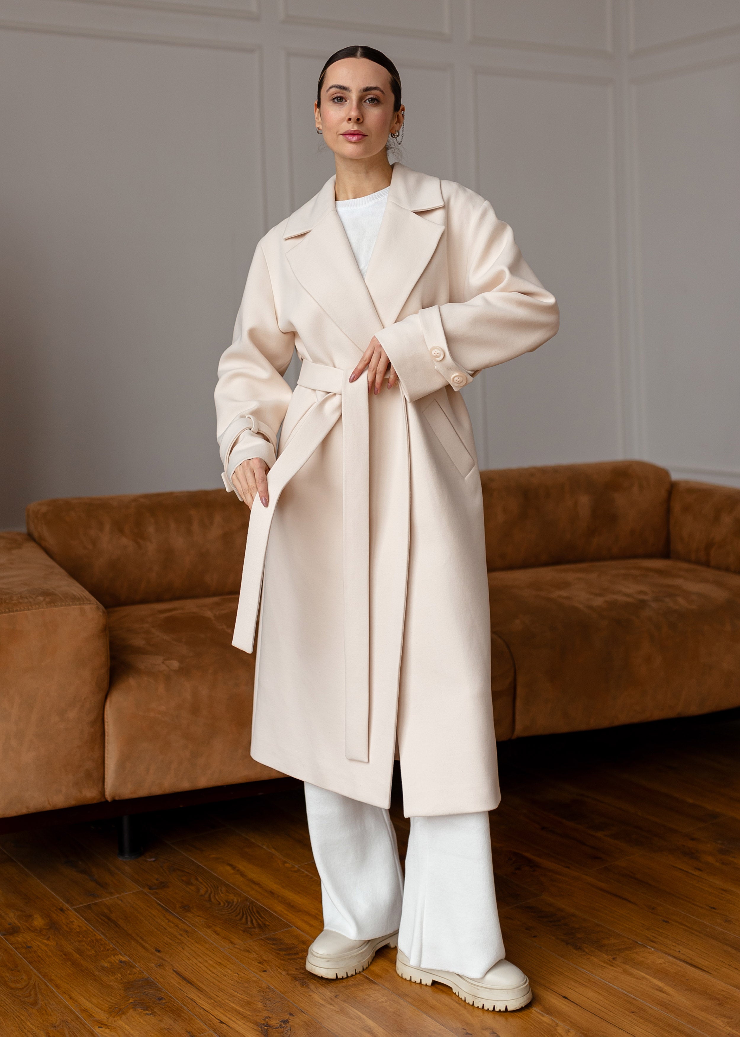 Long Cashmere Blend Coat with Belt Beige