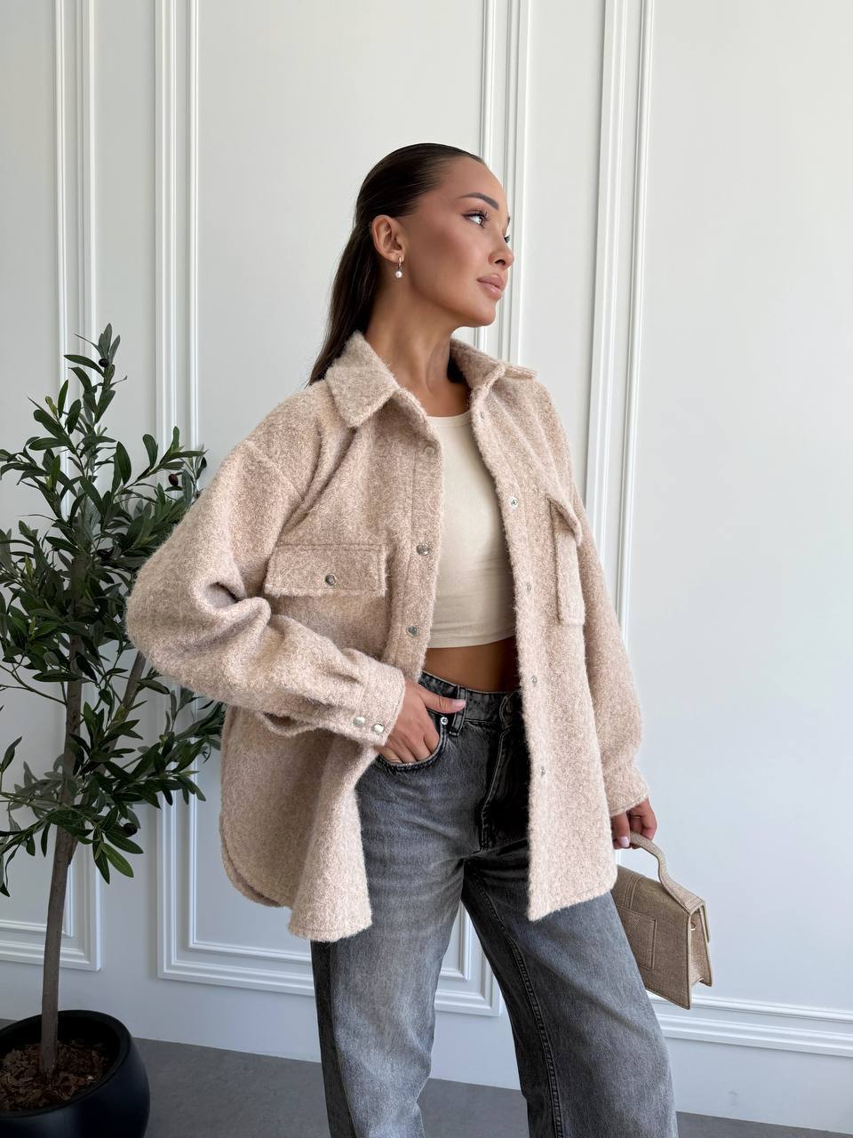 Textured Overshirt Jacket in Beige