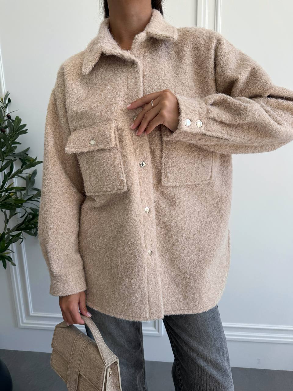 Textured Overshirt Jacket in Beige