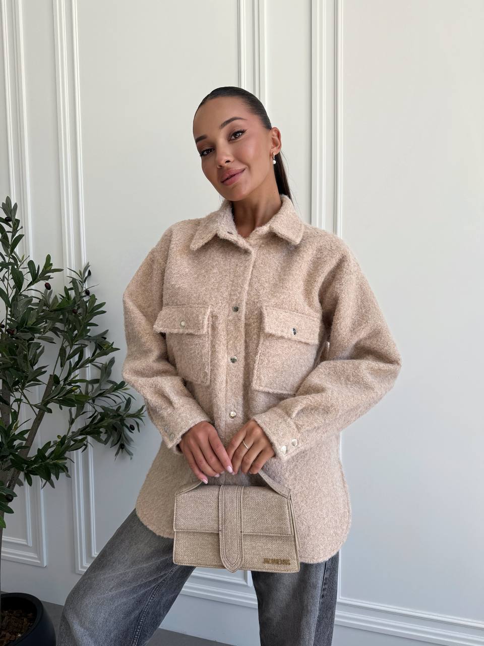 Textured Overshirt Jacket in Beige