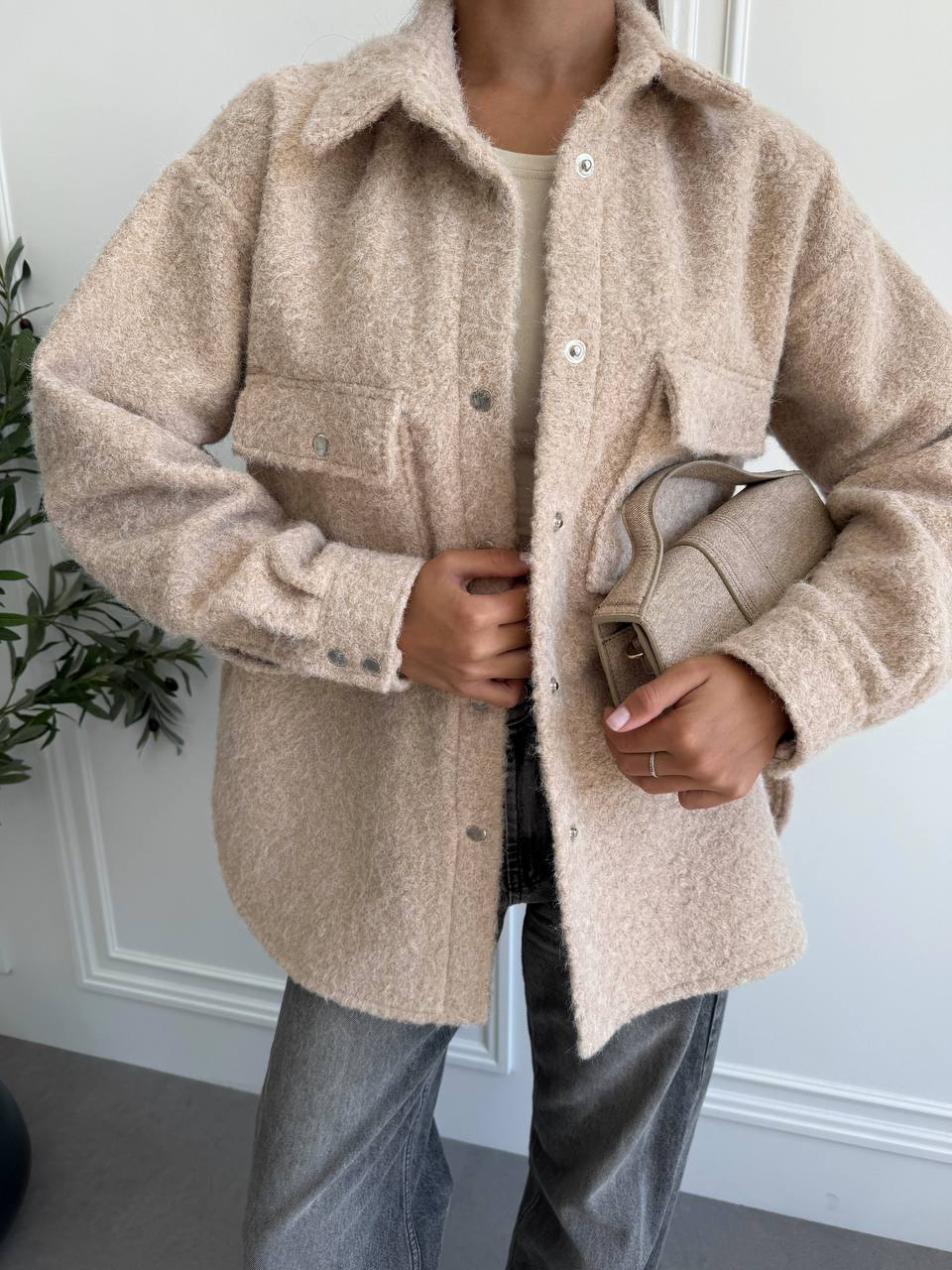 Textured Overshirt Jacket in Beige