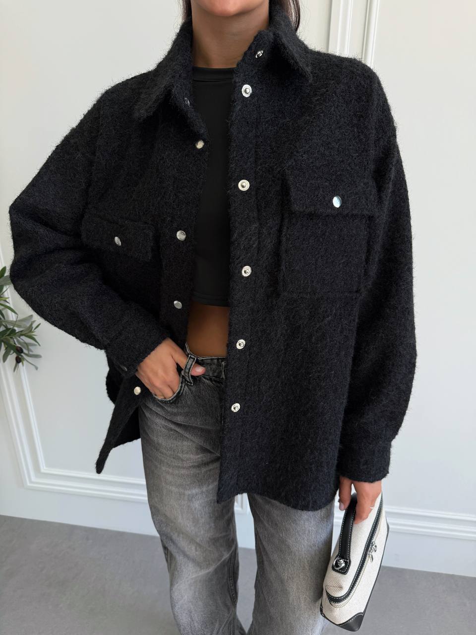Textured Overshirt Jacket in Black