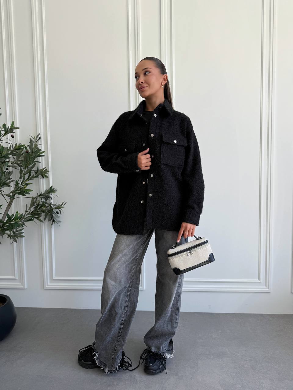 Textured Overshirt Jacket in Black