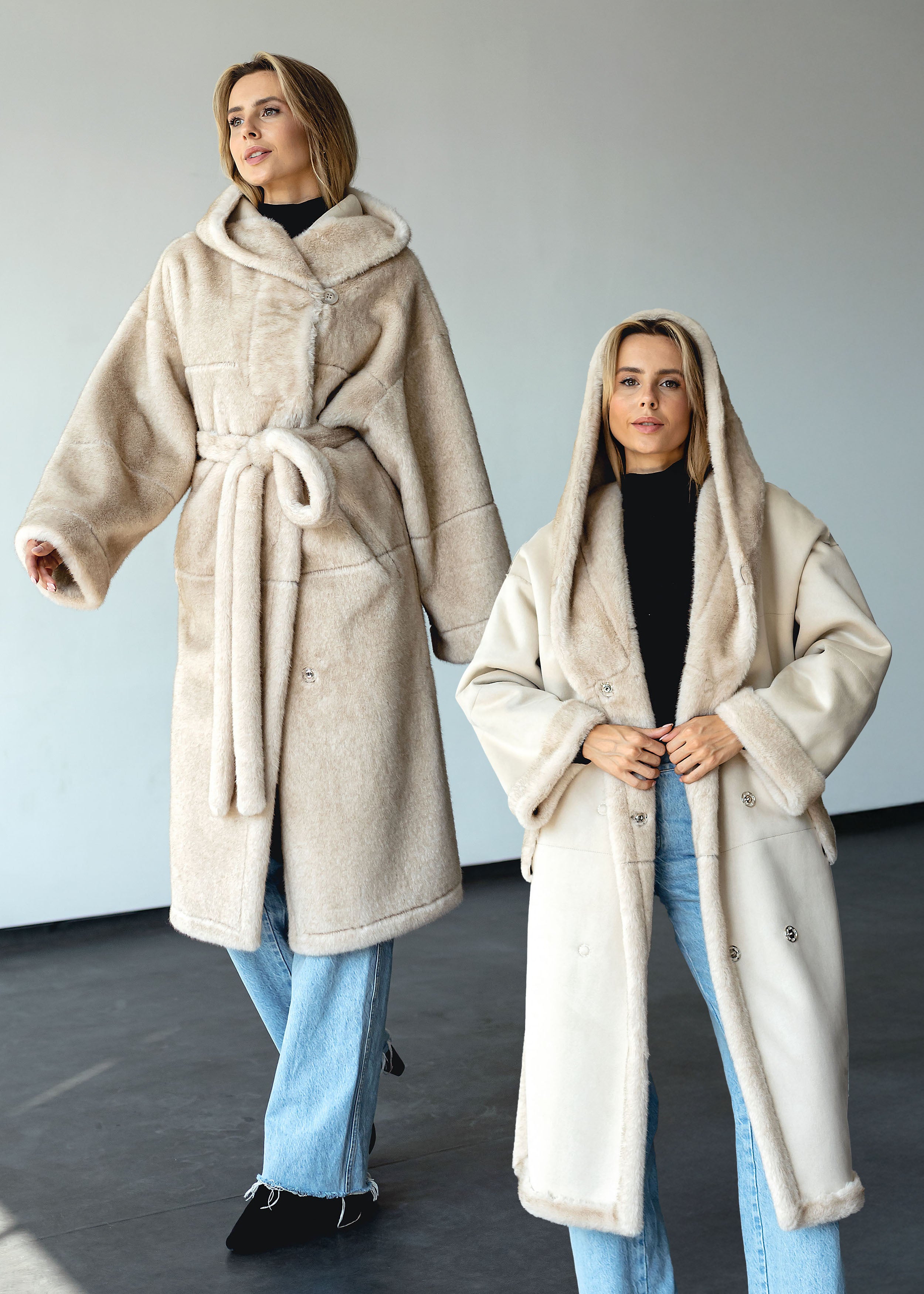 Long Eco-Fur Coat with Hood and Belt