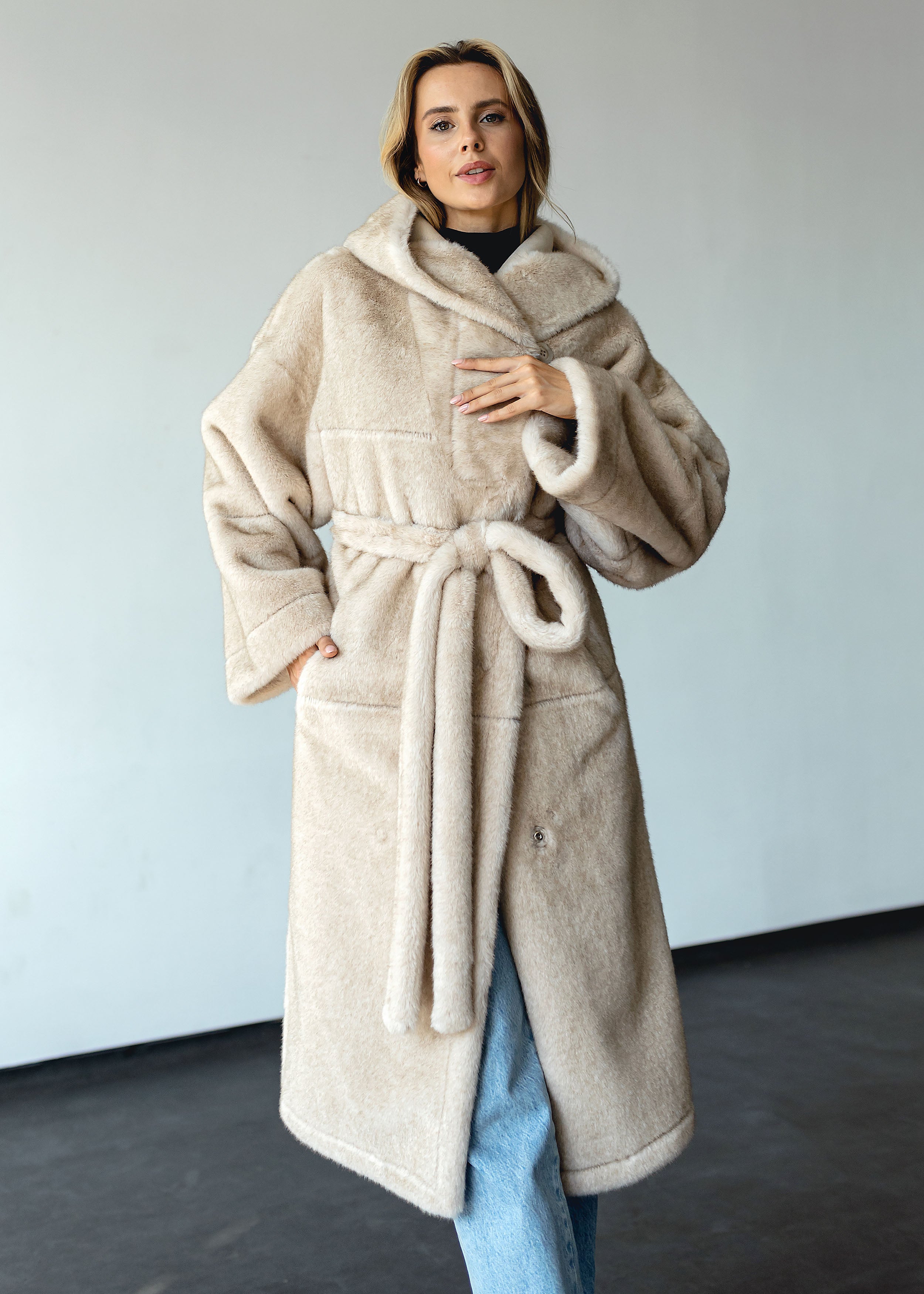Long Eco-Fur Coat with Hood and Belt