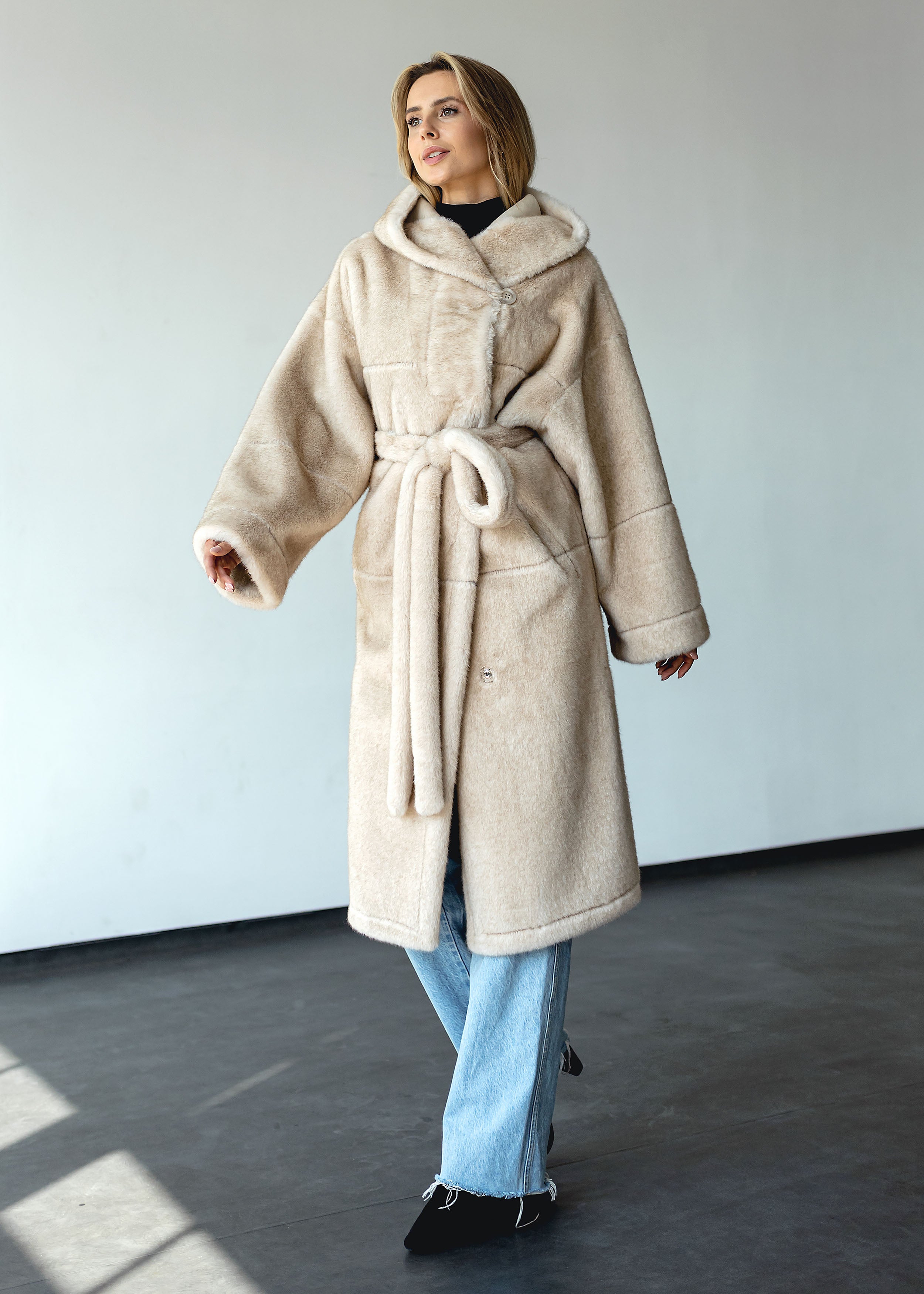Long Eco-Fur Coat with Hood and Belt