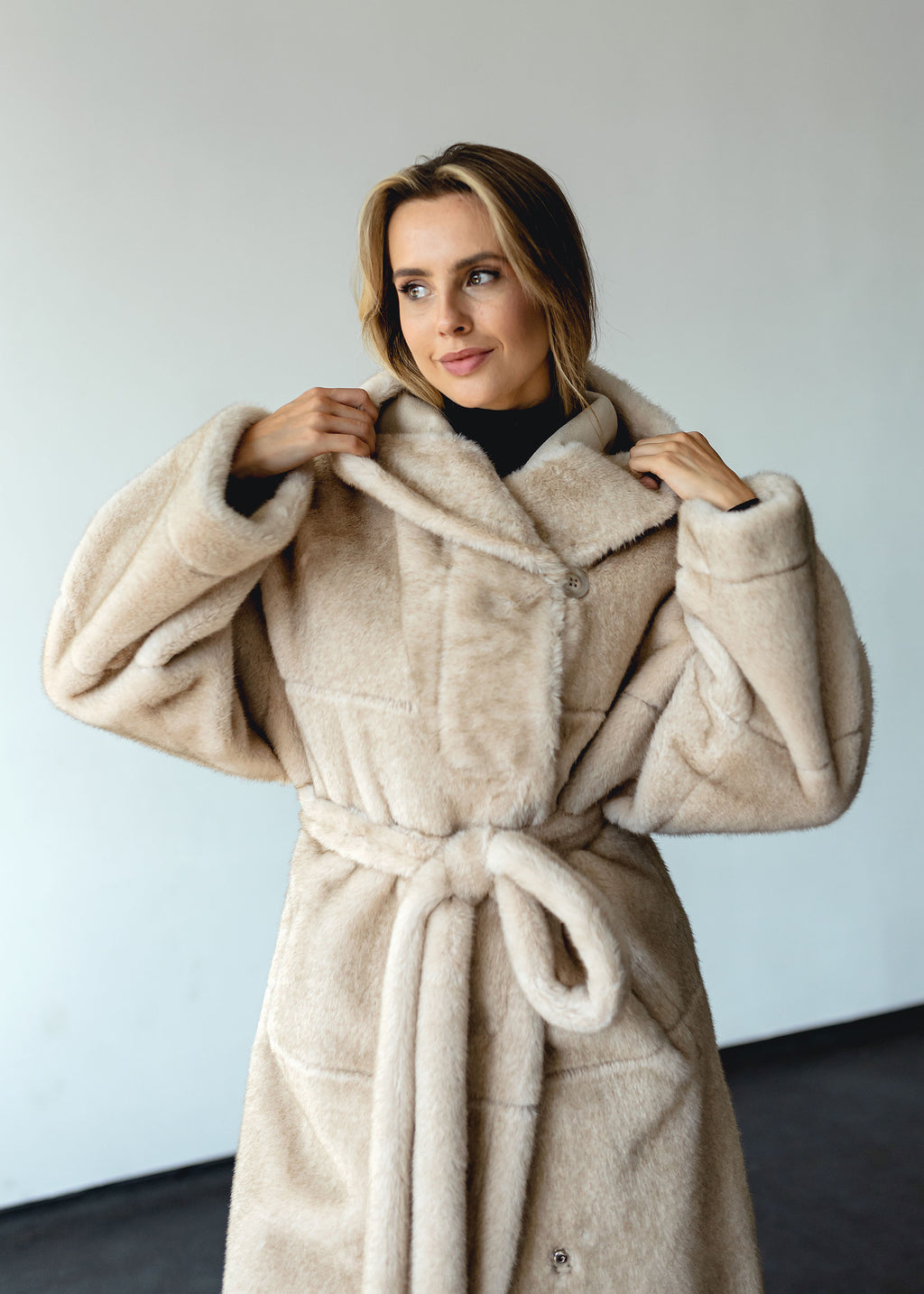 Long Eco-Fur Coat with Hood and Belt