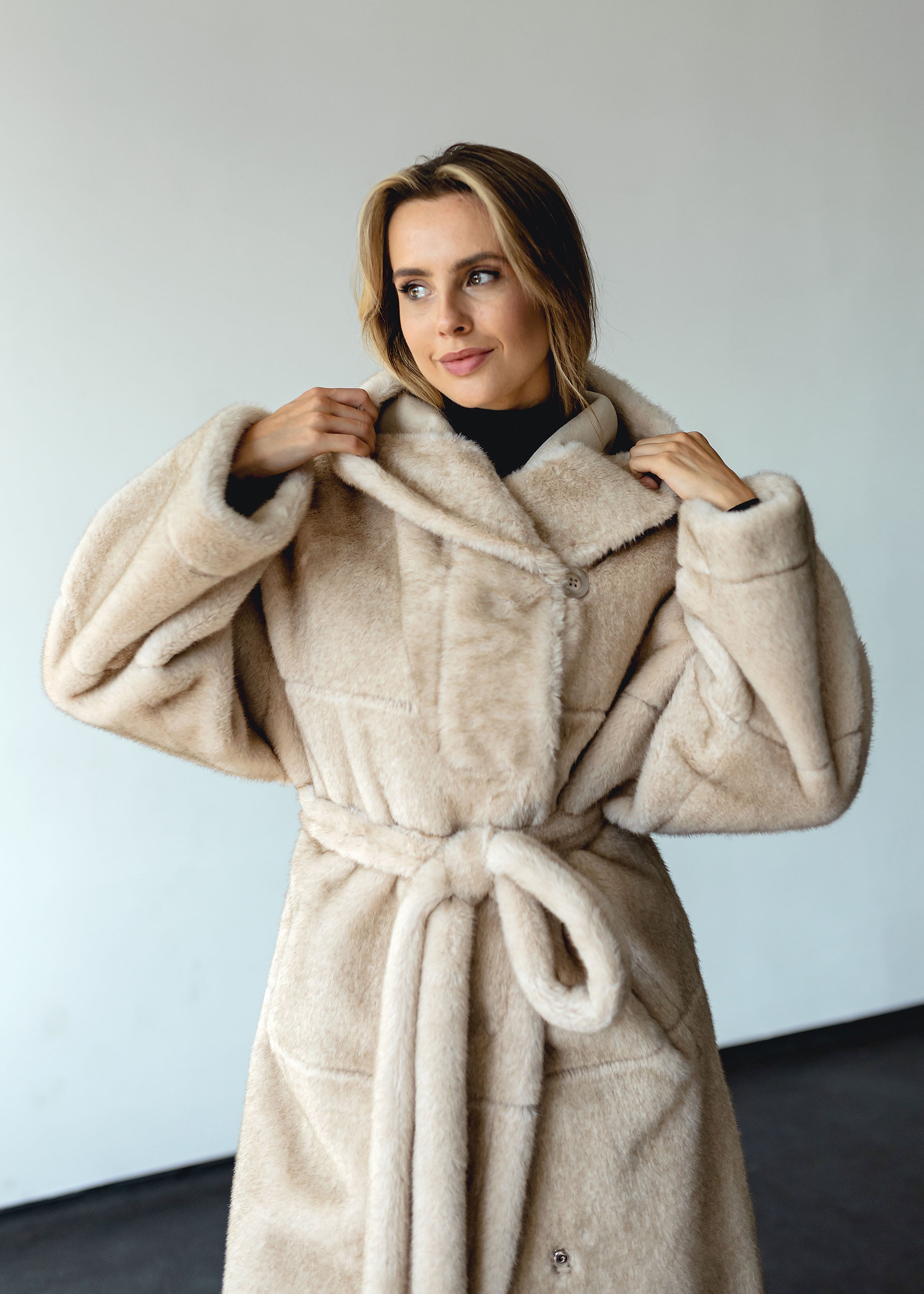 Long Eco-Fur Coat with Hood and Belt