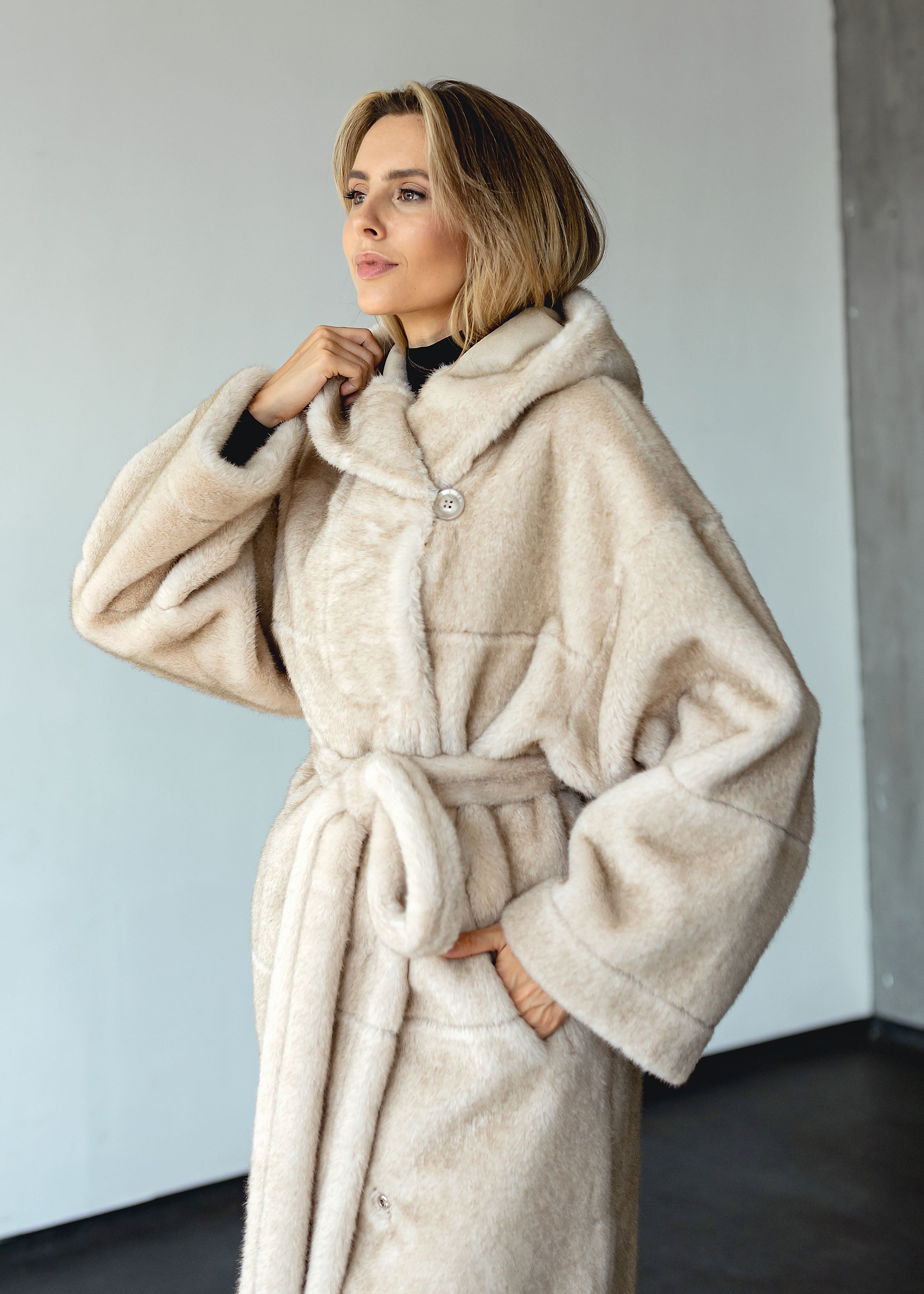 Long Eco-Fur Coat with Hood and Belt