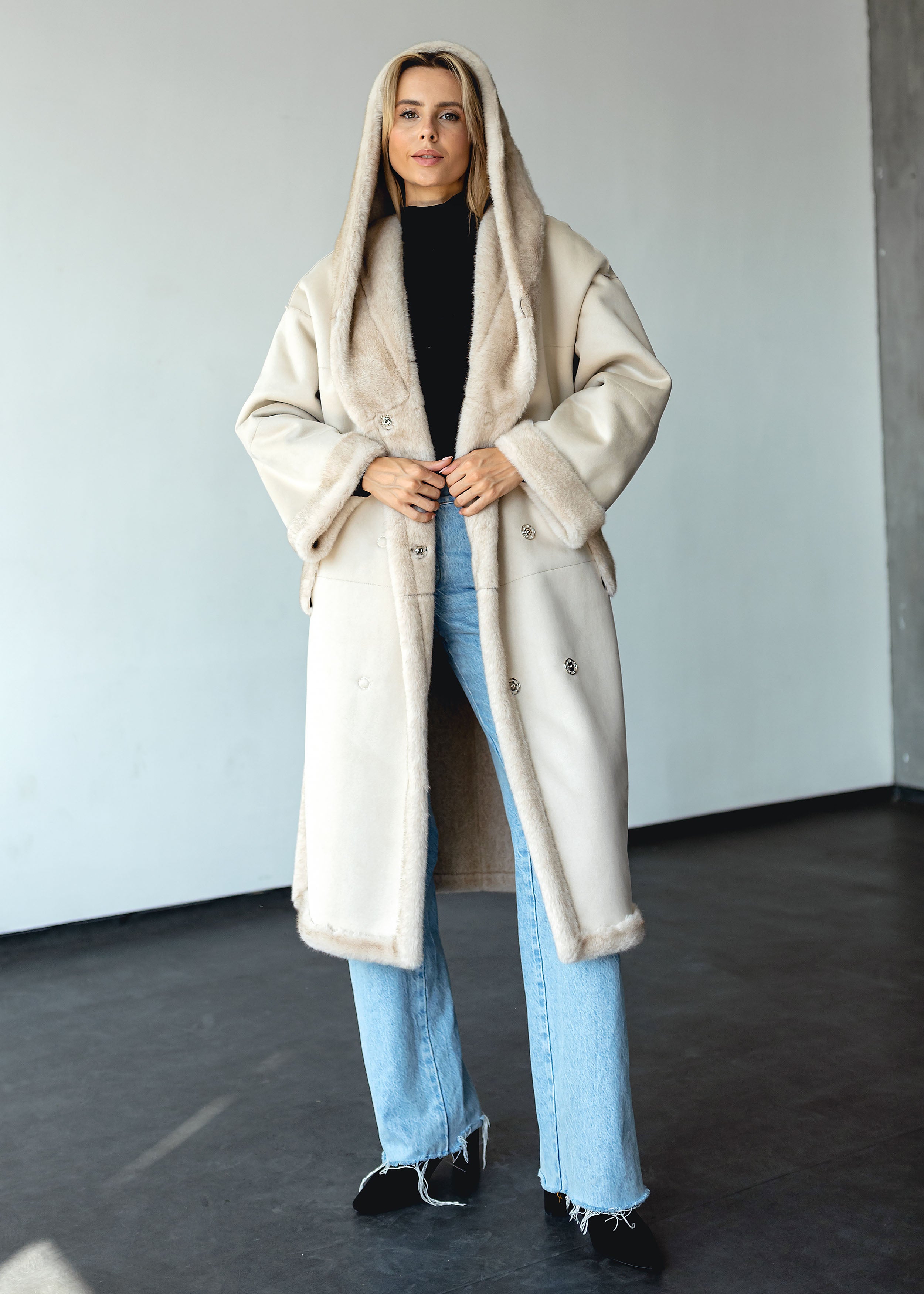 Long Eco-Fur Coat with Hood and Belt