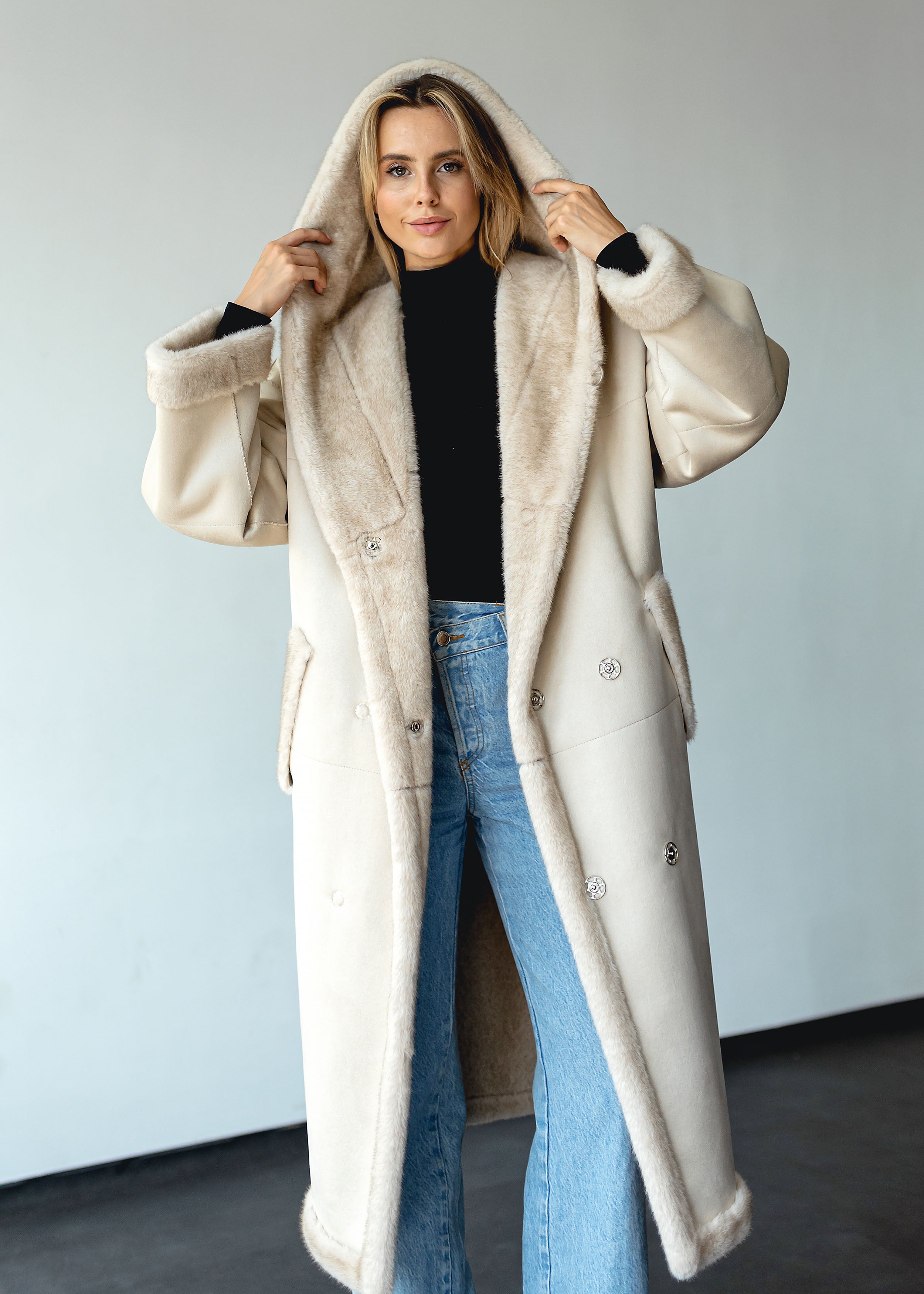 Long Eco-Fur Coat with Hood and Belt