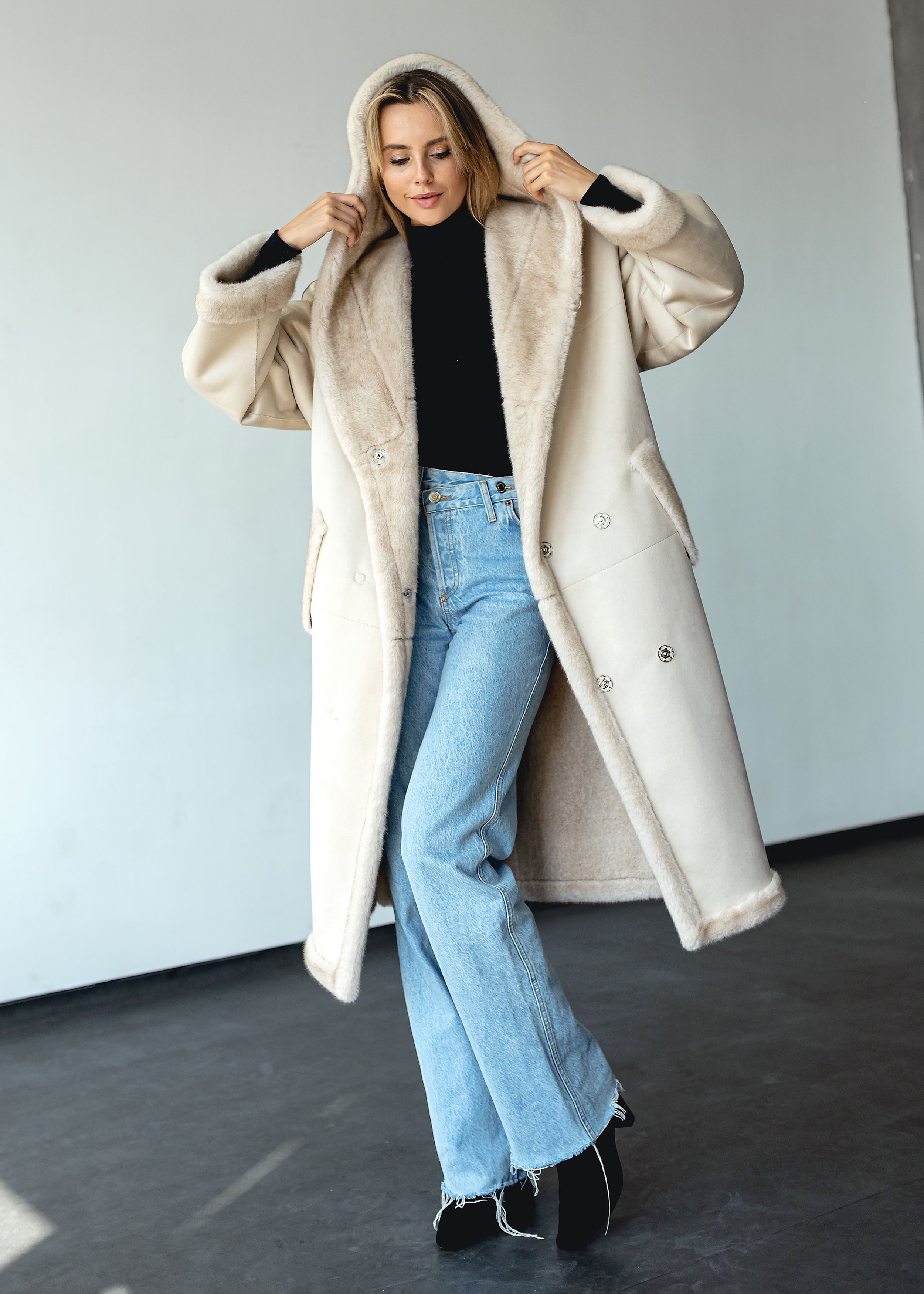Long Eco-Fur Coat with Hood and Belt