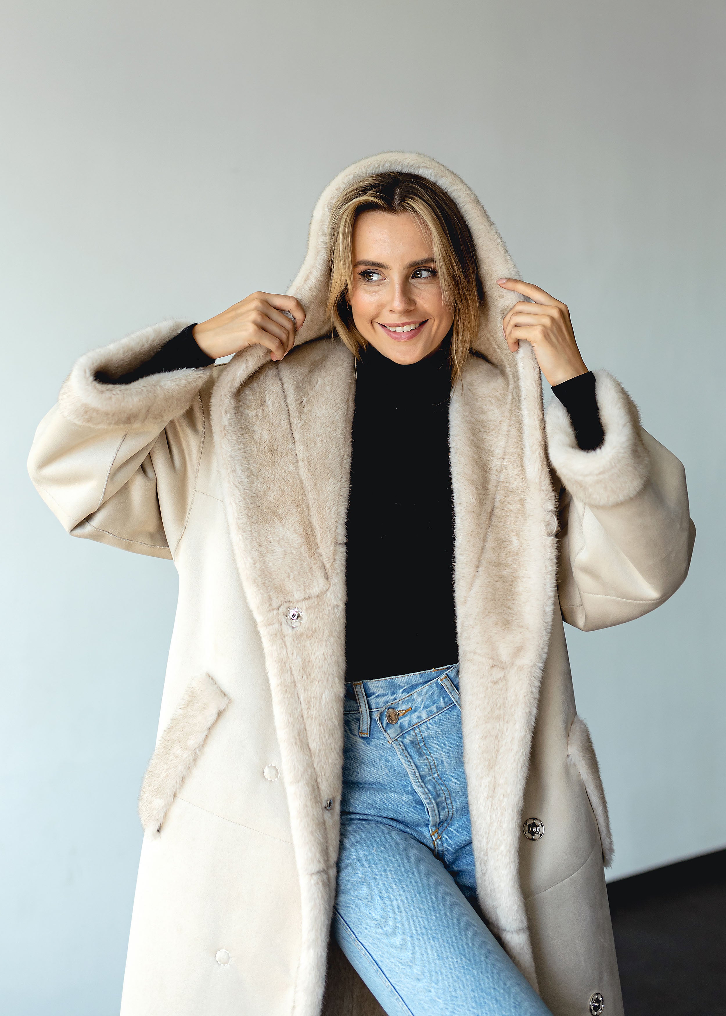 Long Eco-Fur Coat with Hood and Belt