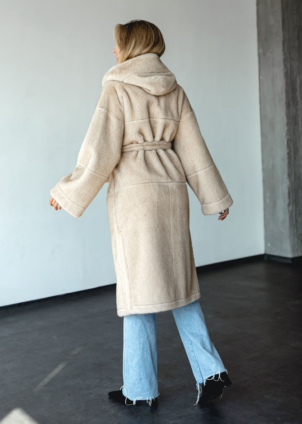 Long Eco-Fur Coat with Hood and Belt