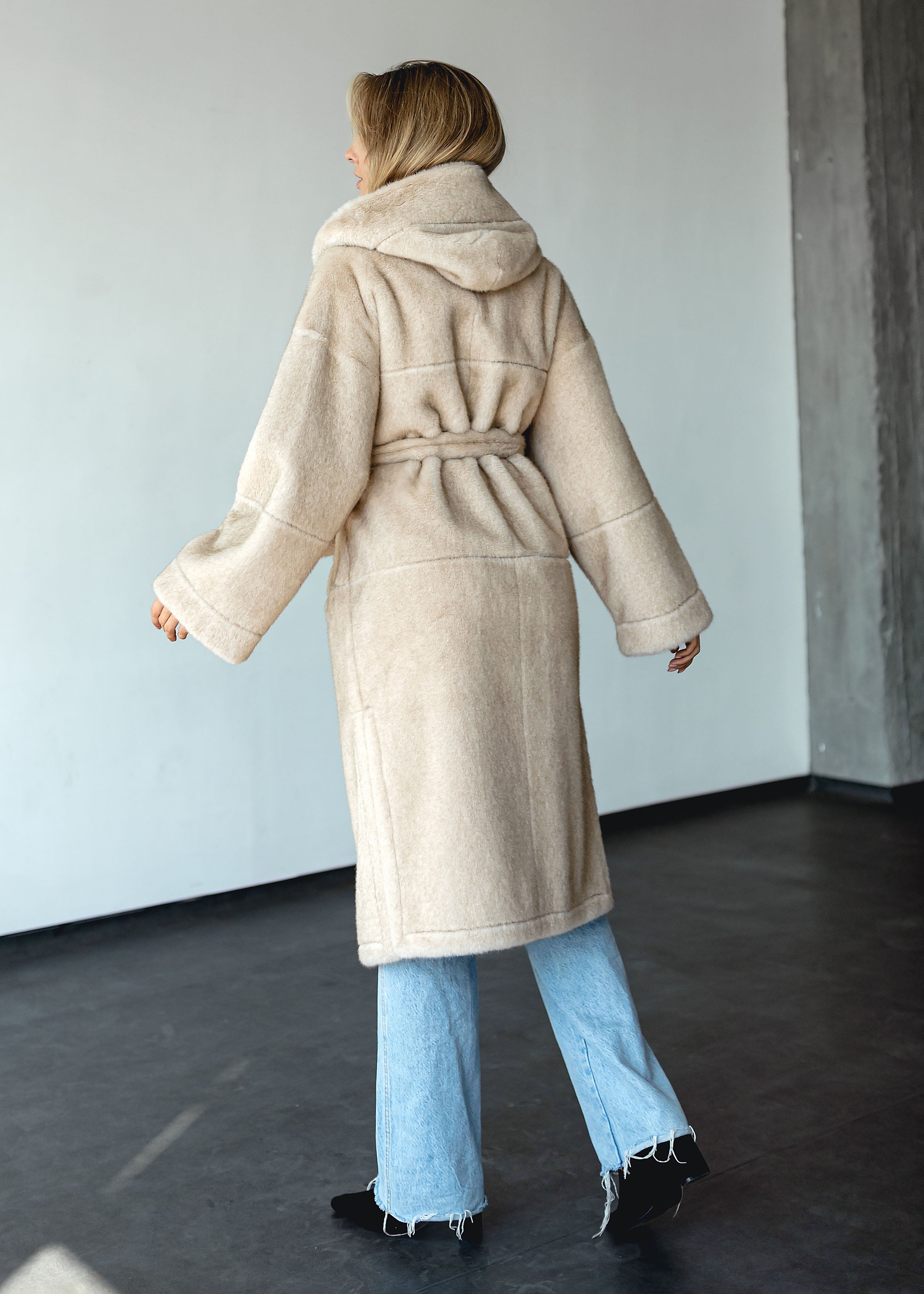 Long Eco-Fur Coat with Hood and Belt