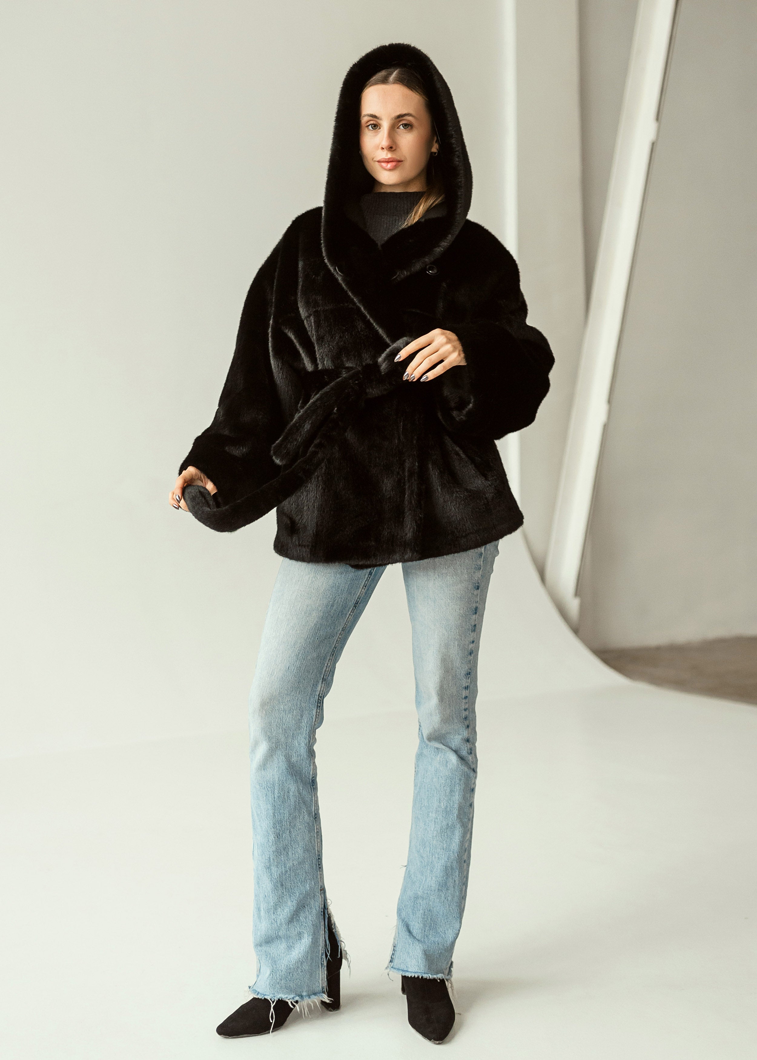 Eco-Fur Hooded Coat with Belt black