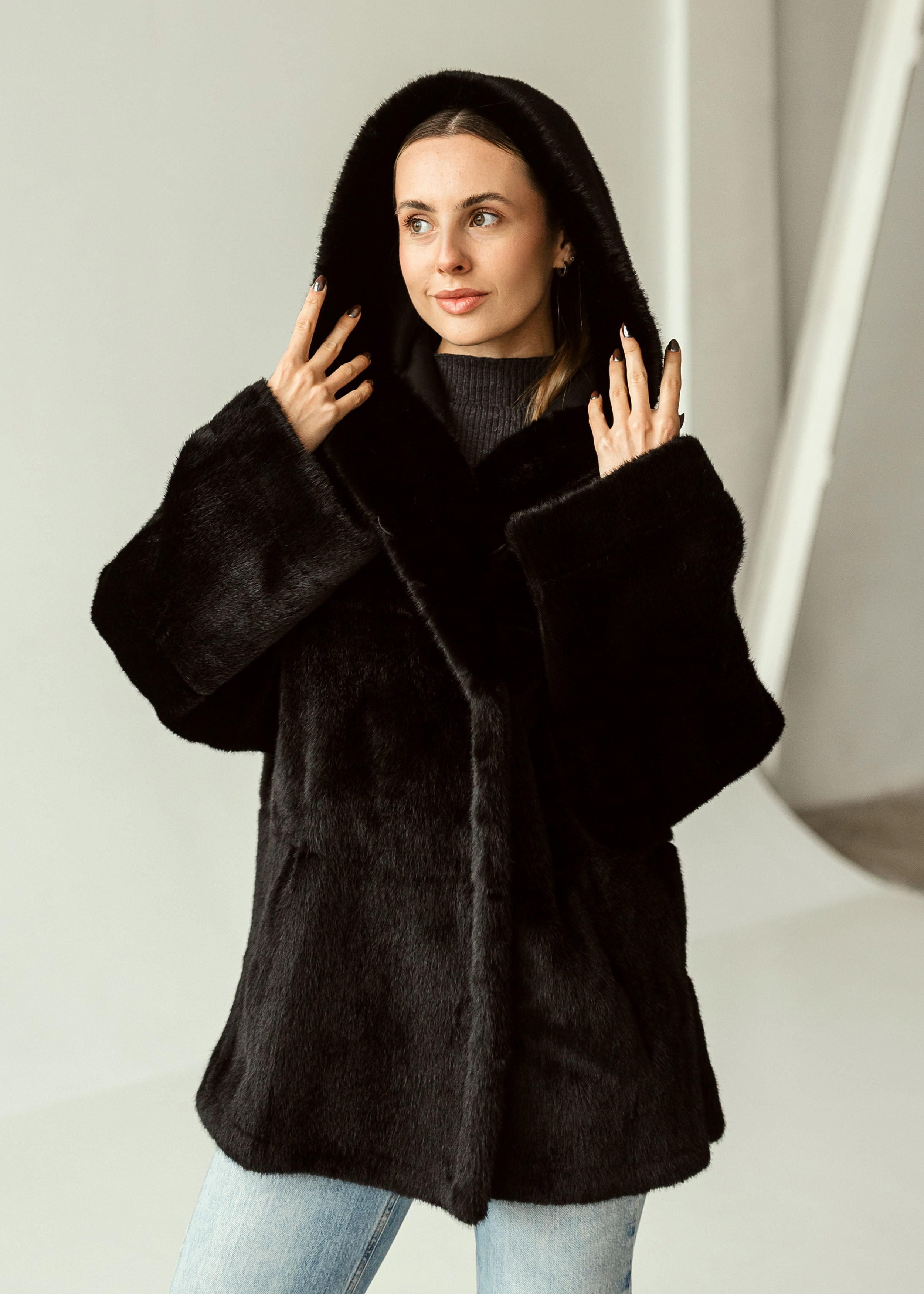 Eco-Fur Hooded Coat with Belt black