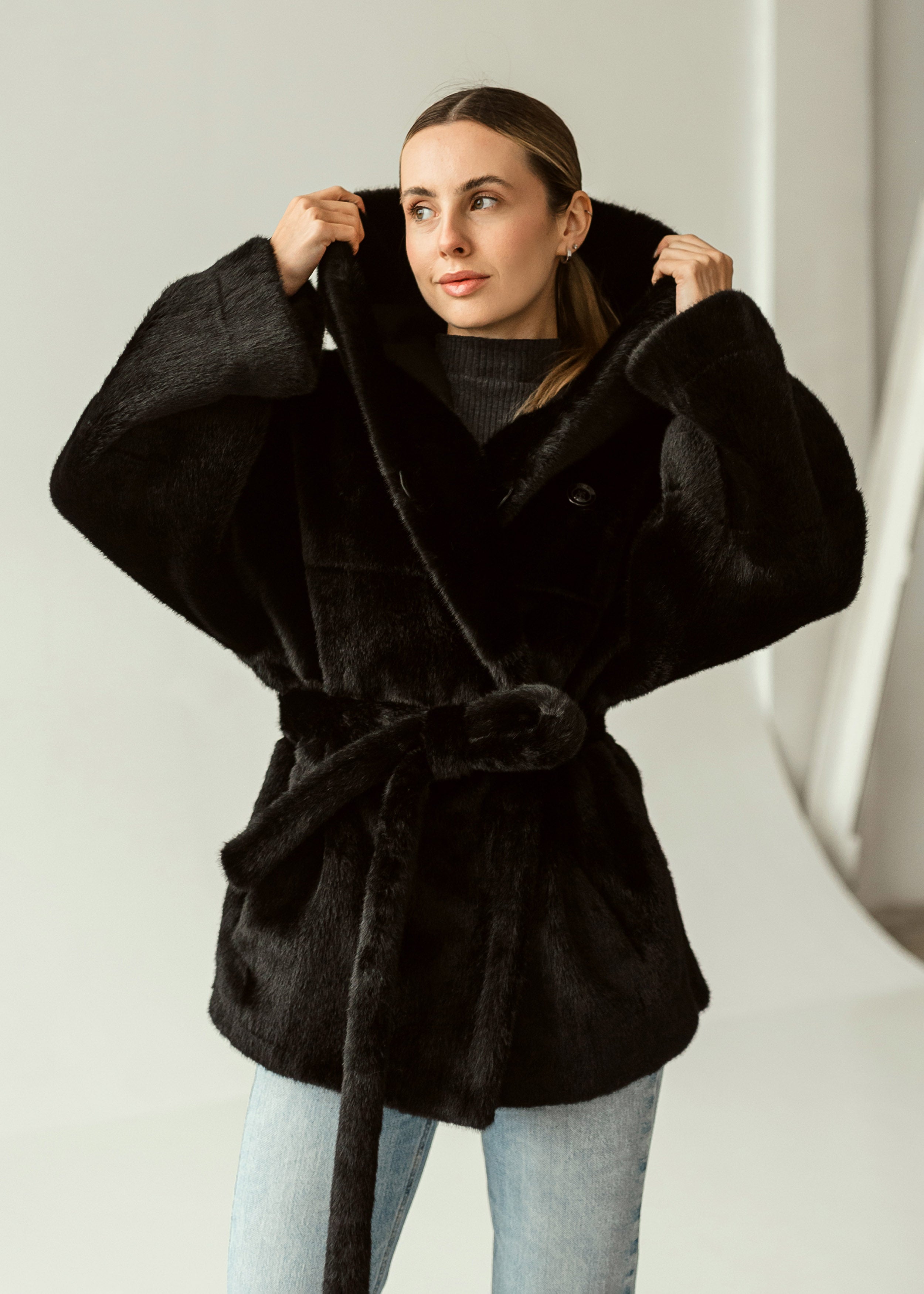 Eco-Fur Hooded Coat with Belt black