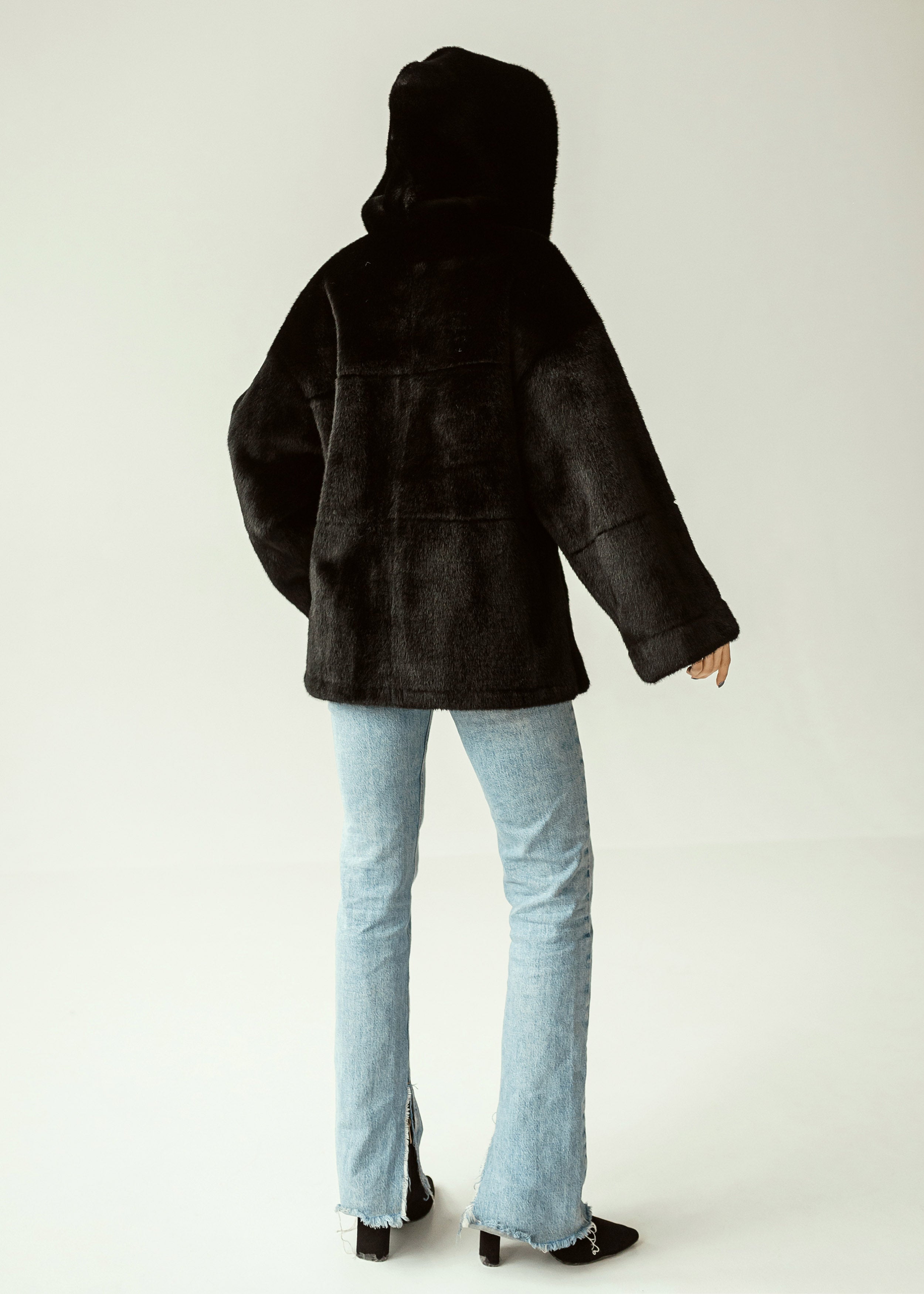 Eco-Fur Hooded Coat with Belt black