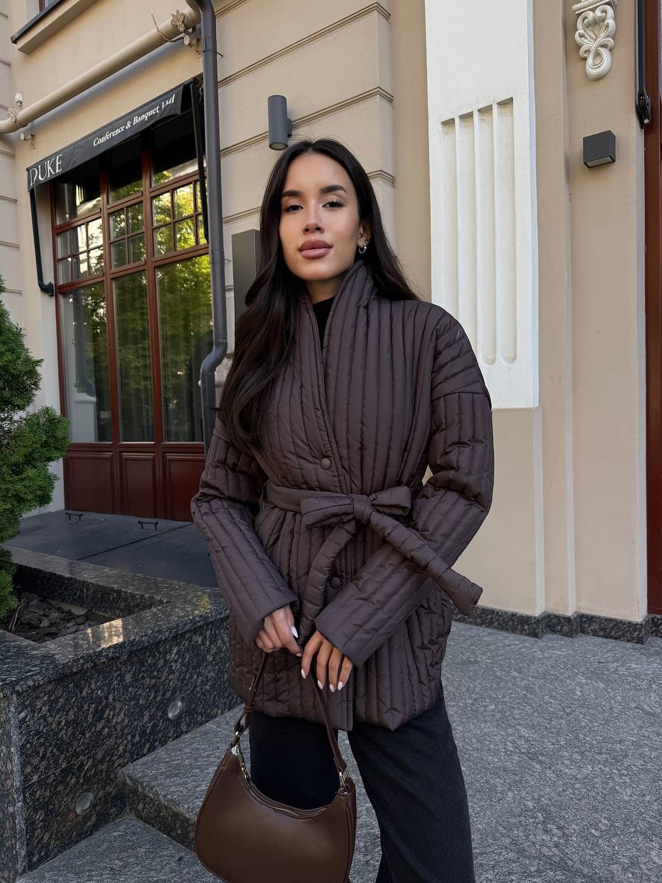 Quilted Belted Jacket with Eco-Down Brown