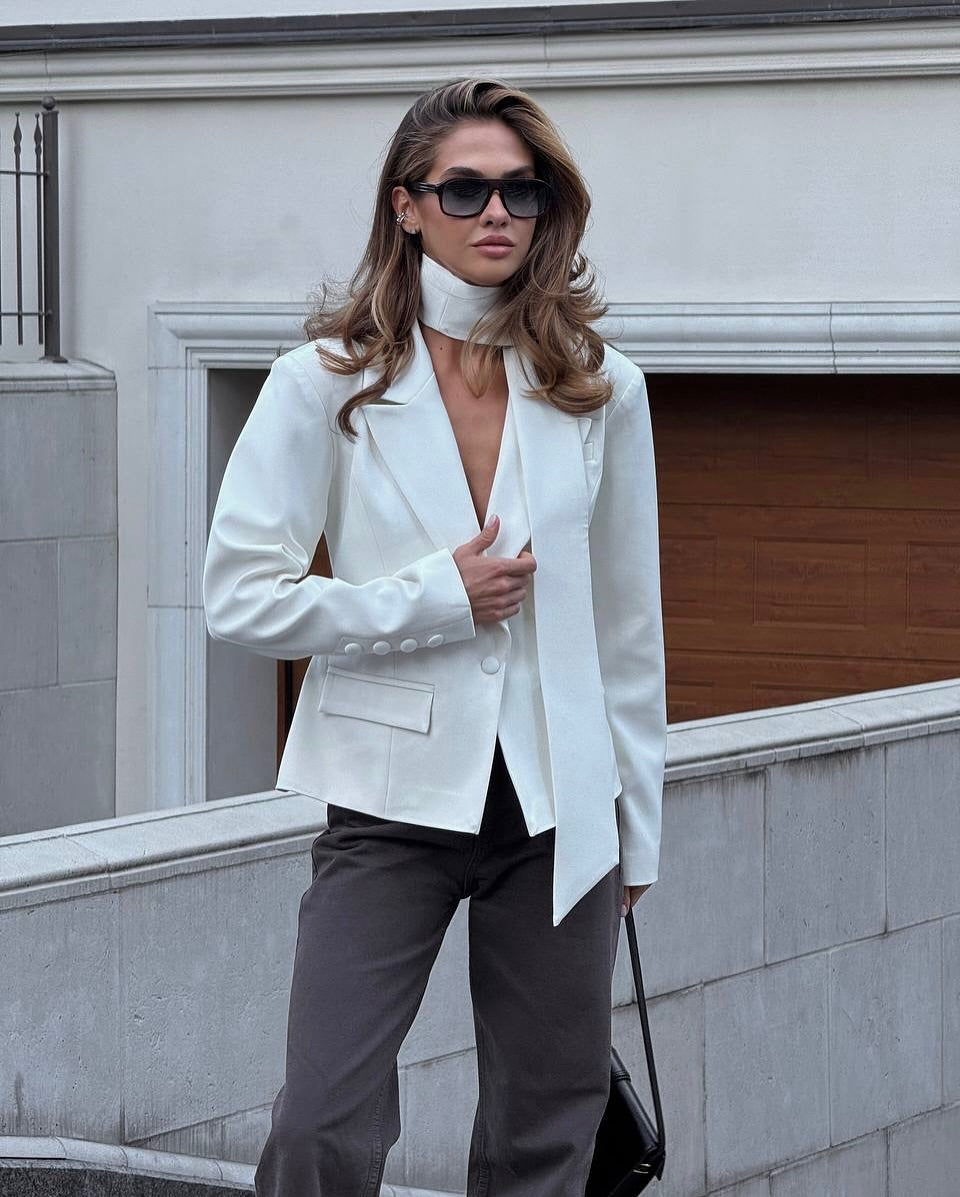 Elegant Blazer with Scarf Detail White
