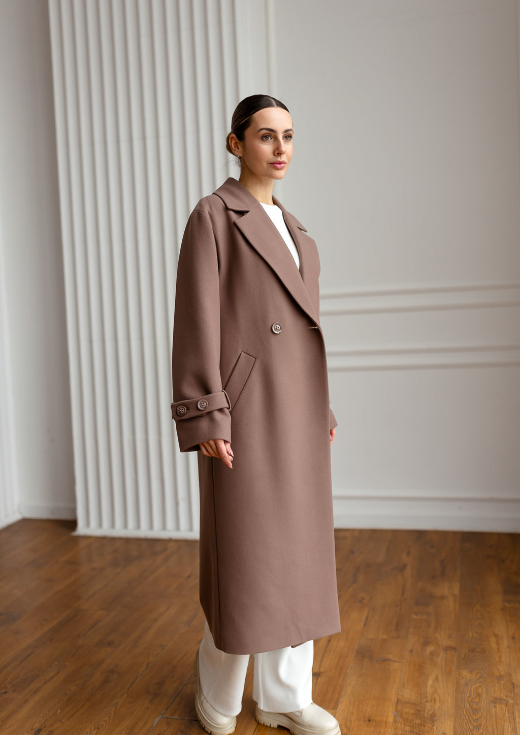 Long Cashmere Blend Coat with Belt Brown