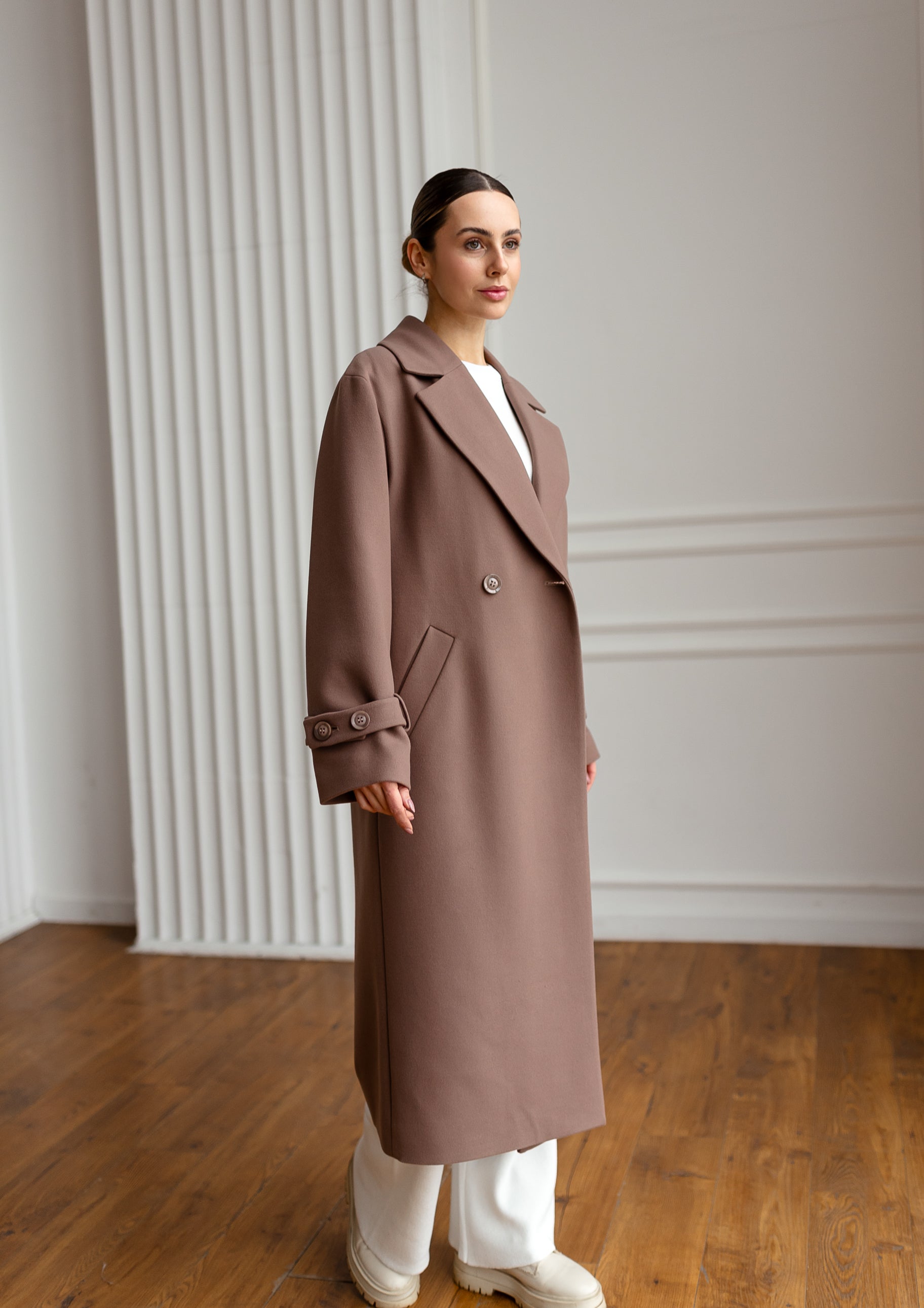 Long Cashmere Blend Coat with Belt Brown
