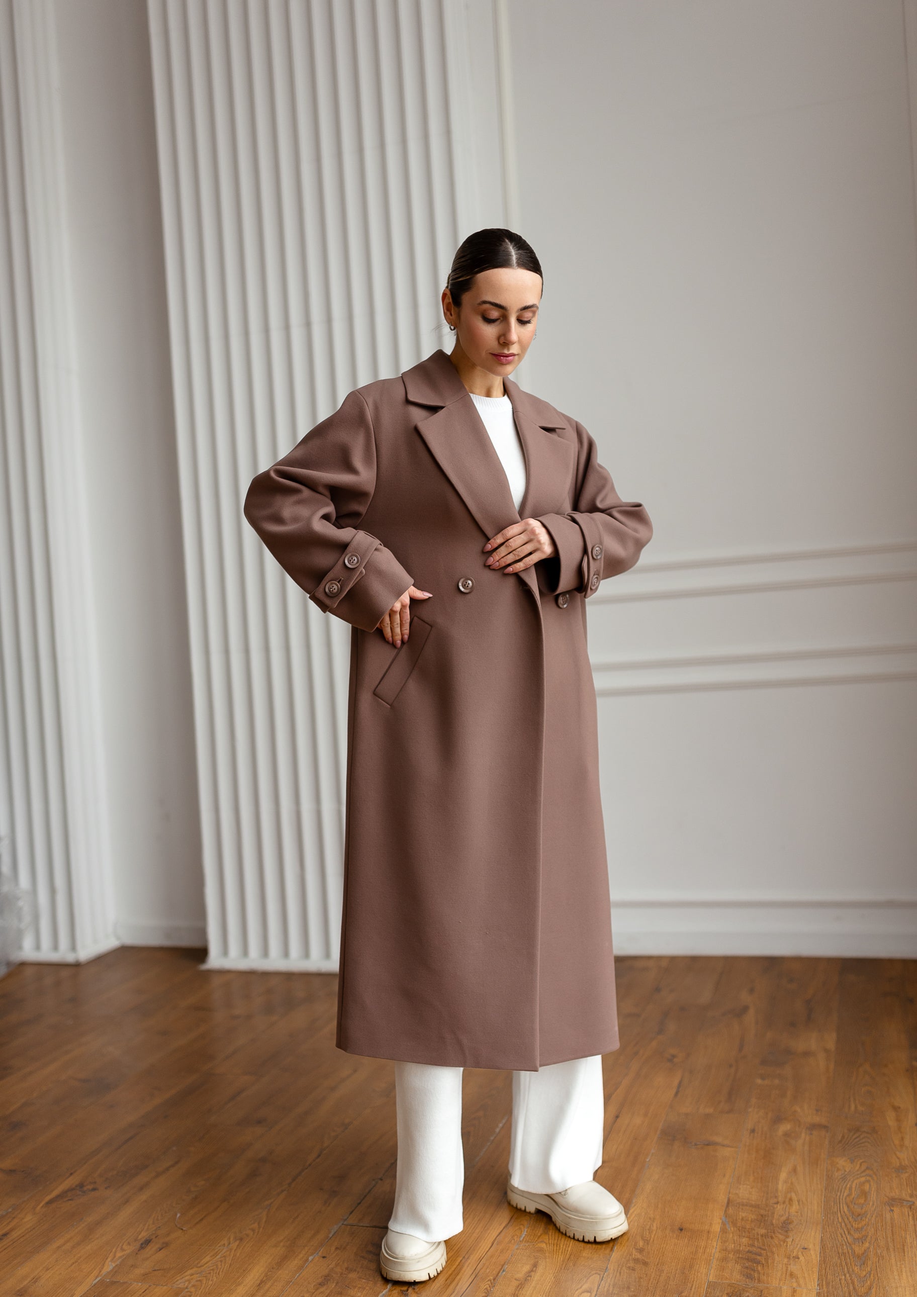 Long Cashmere Blend Coat with Belt Brown