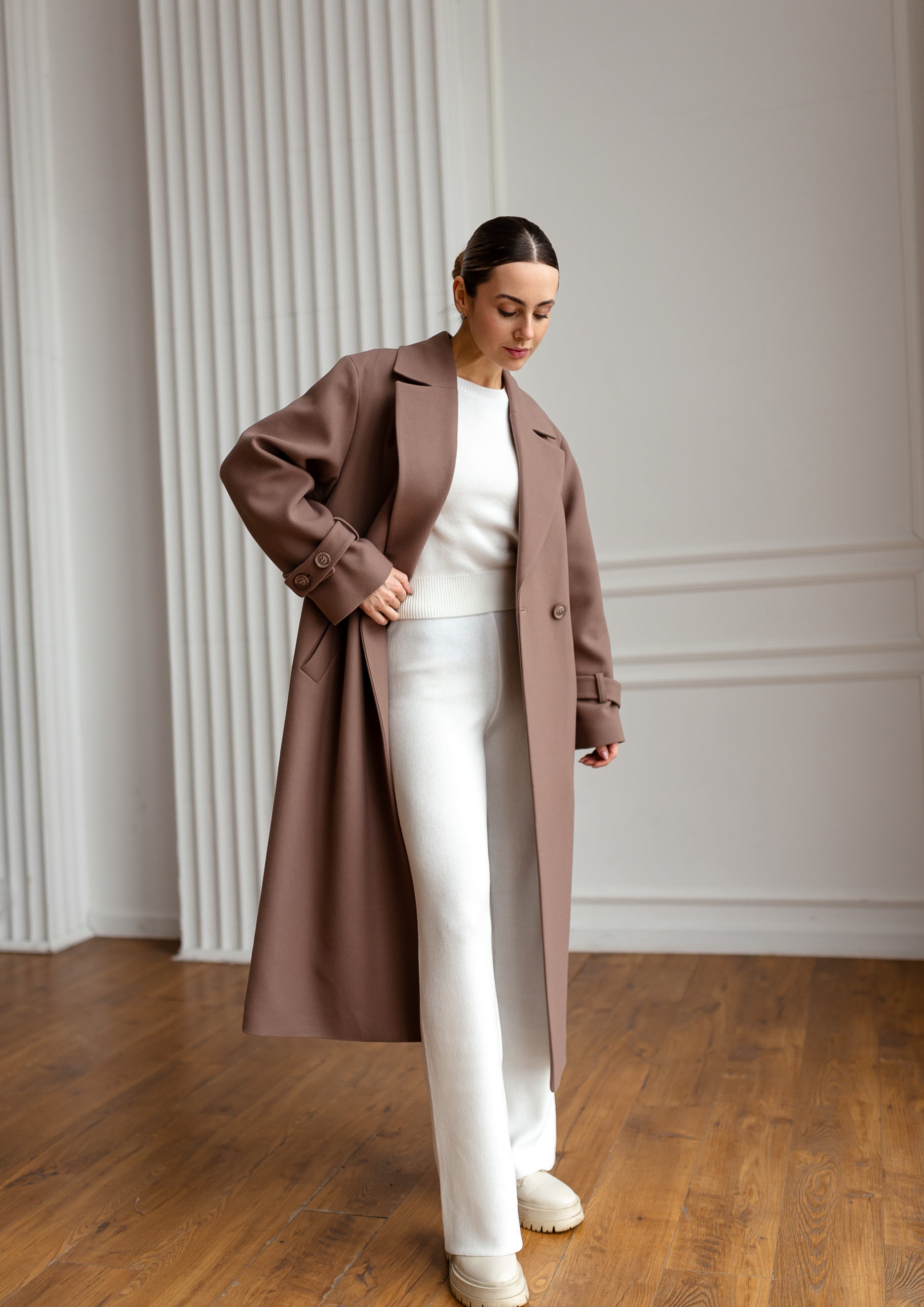 Long Cashmere Blend Coat with Belt Brown
