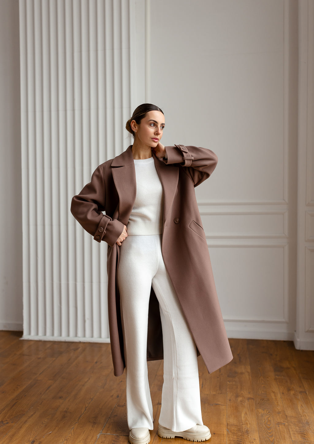Long Cashmere Blend Coat with Belt Brown