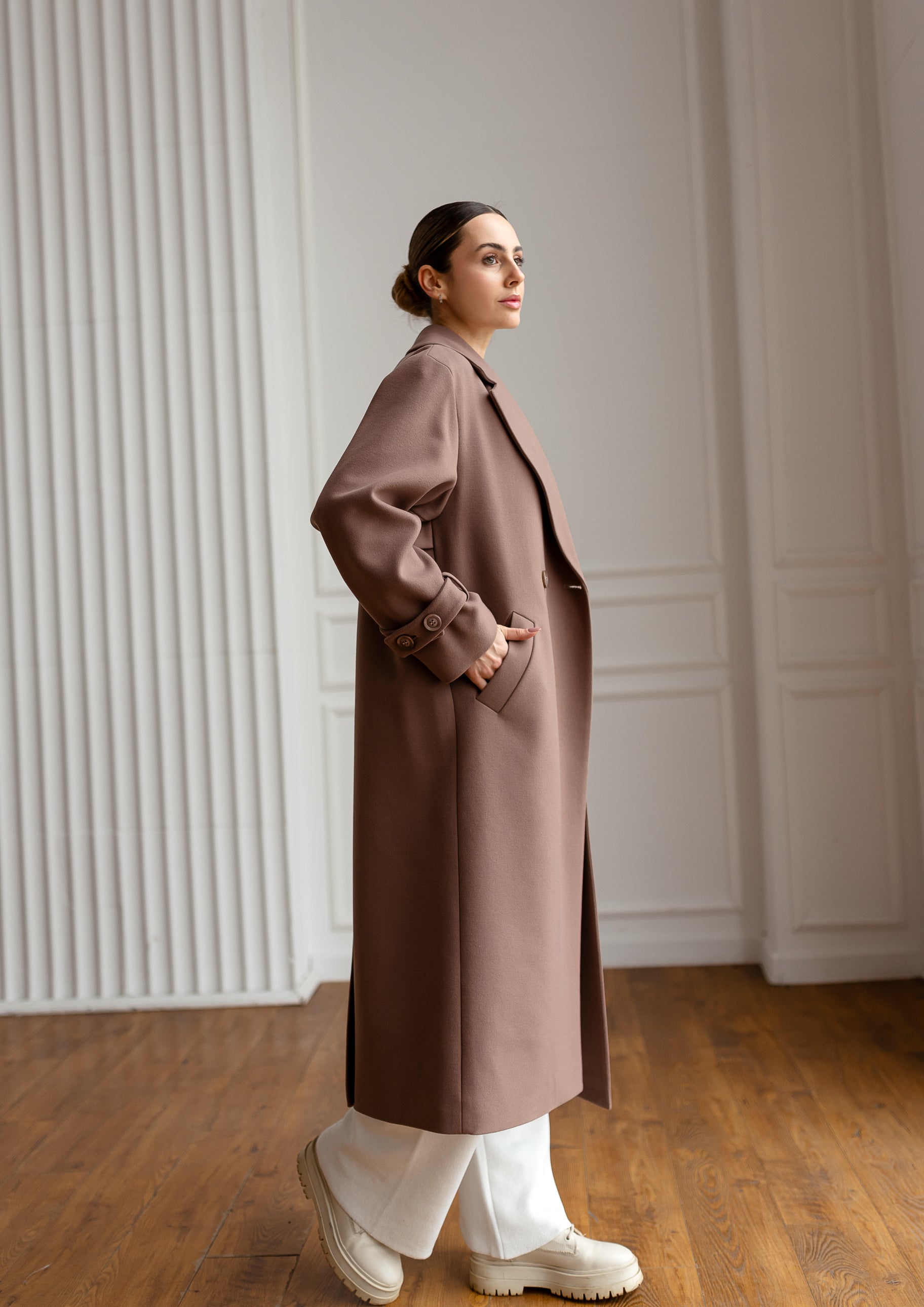 Long Cashmere Blend Coat with Belt Brown