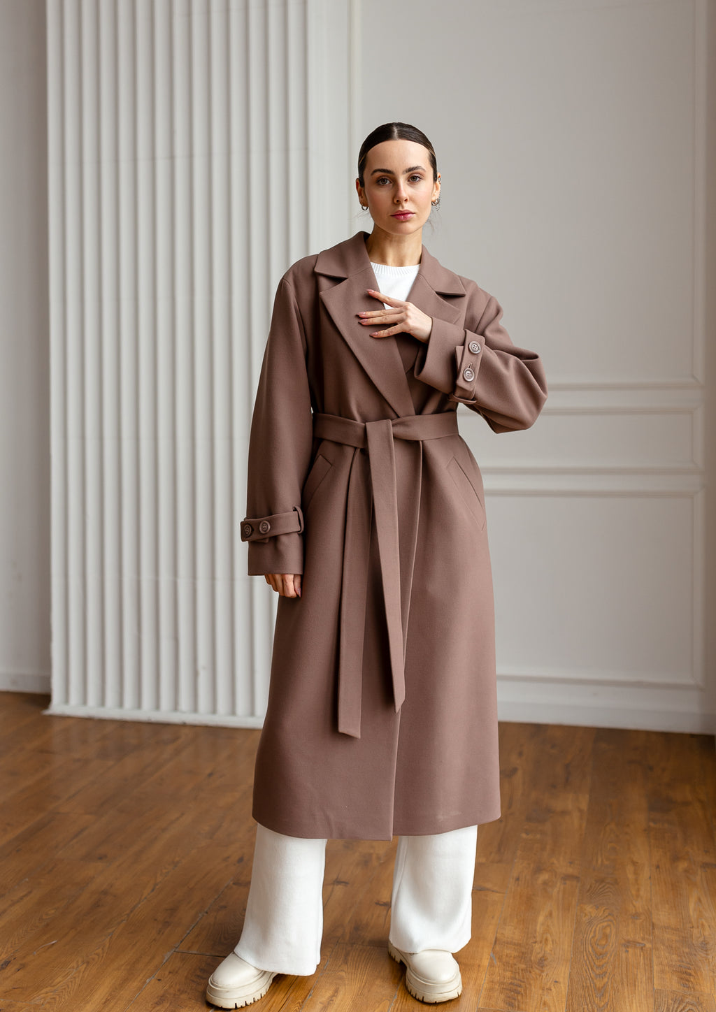 Long Cashmere Blend Coat with Belt Brown
