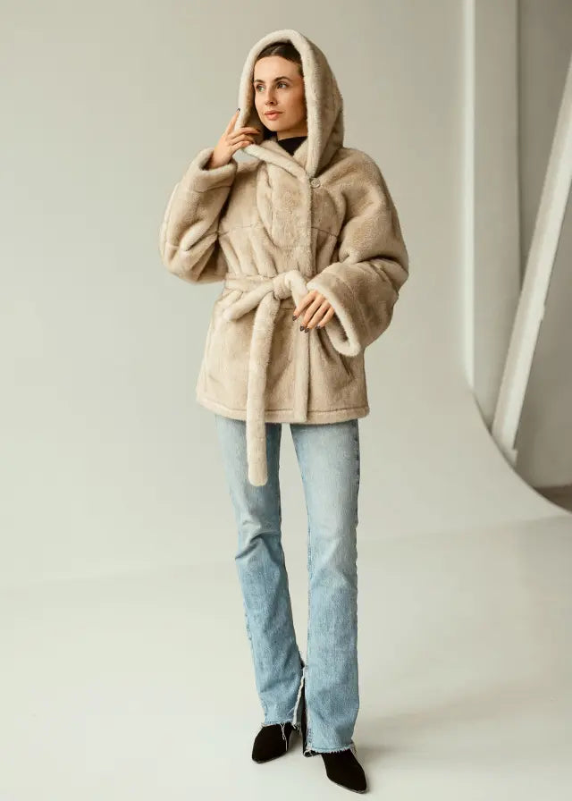 Eco-Fur Hooded Coat with Belt beige