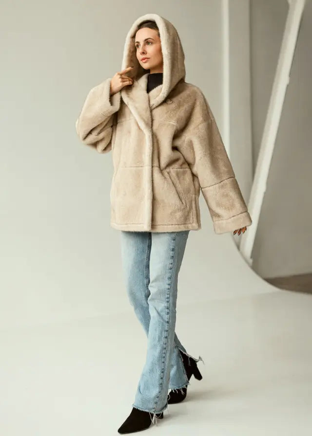 Eco-Fur Hooded Coat with Belt beige