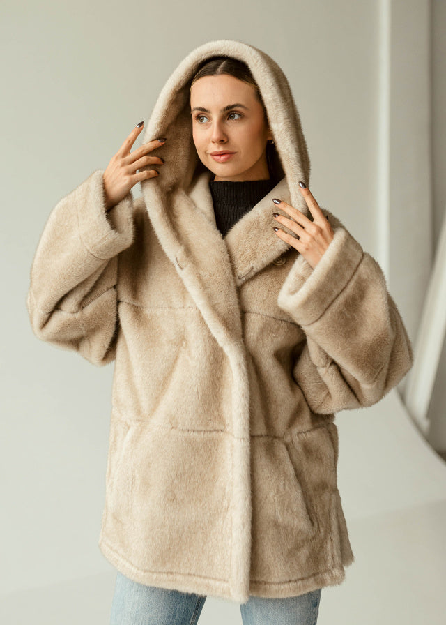 Eco-Fur Hooded Coat with Belt beige