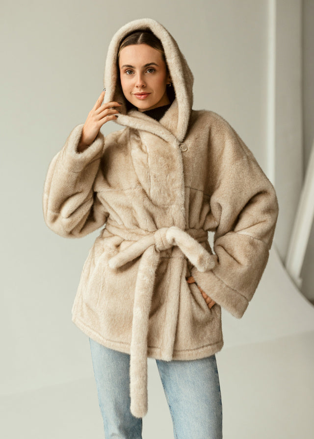 Eco-Fur Hooded Coat with Belt beige
