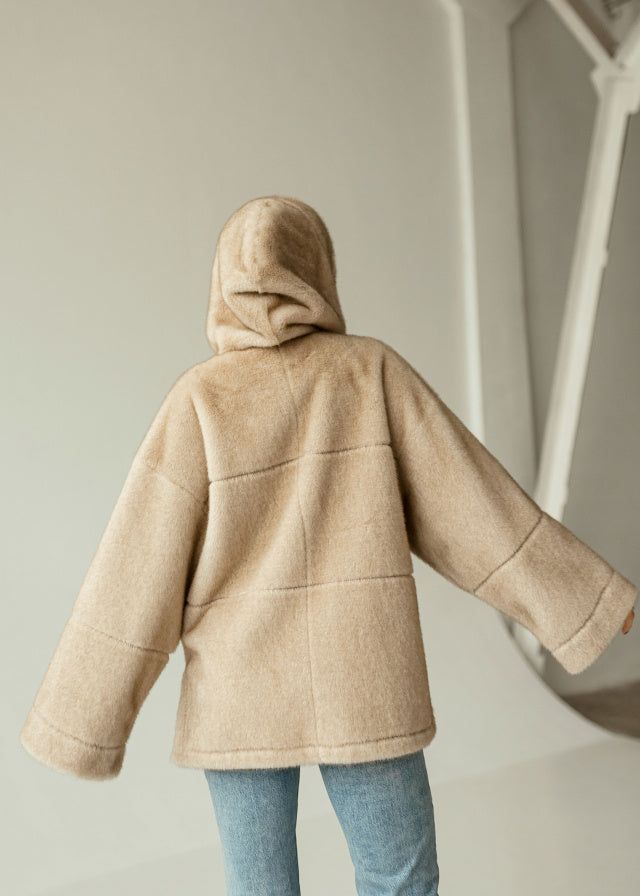 Eco-Fur Hooded Coat with Belt beige