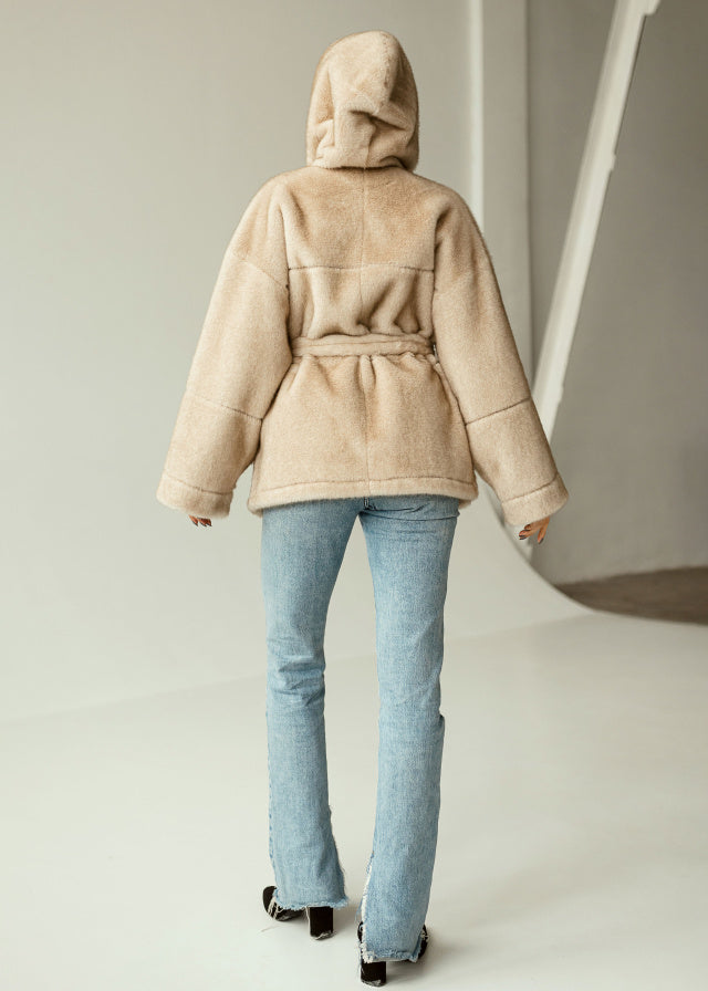 Eco-Fur Hooded Coat with Belt beige
